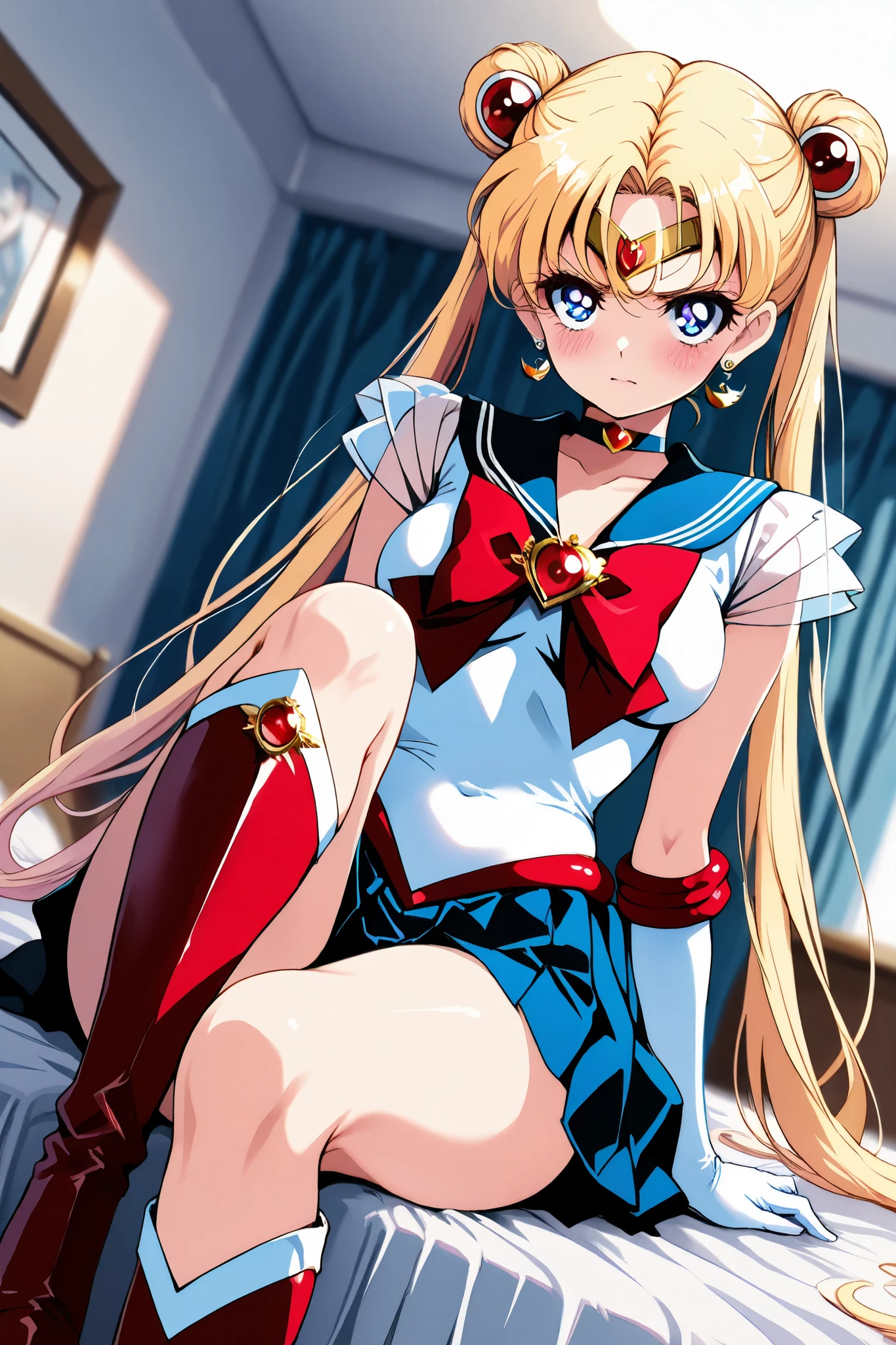 score_9, score_8_up, score_7_up, 

bishoujo_senshi_sailor_moon,super_sailor_moon,tsukino_usagi,pleated_skirt,red_choker,thighhighs

1on bed, thighs, hand between thighs, blush, look at viewer, lying