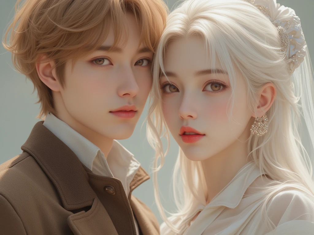 there are two people that are standing next to each other, nixeu and sakimichan, imvu, tumblr,Sim Sa-jeong and Jeon Jung-kook, & Jeon Jung-kook & by Sim Sa-jeong, couple pose, inspired by Jeon Jung-kook, blonde hair, inspired by Sim Sa-jeong, imvu, cruel korean goth girl, sui ishida with blonde hair, inspired by Ma Yuanyu, sakimi chan, with straight blonde hair, detailed long blonde hair, blonde hime cut hair, 1girl, star eye, blush, perfect illumination, blonde hair, black eyes, unreal engine, sidelighting, detailed face, bangs, bright skin, simple background, repainting