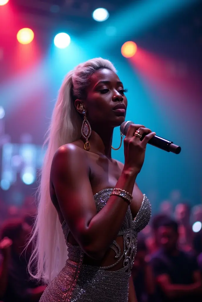 dark-skinned singer with a white lock