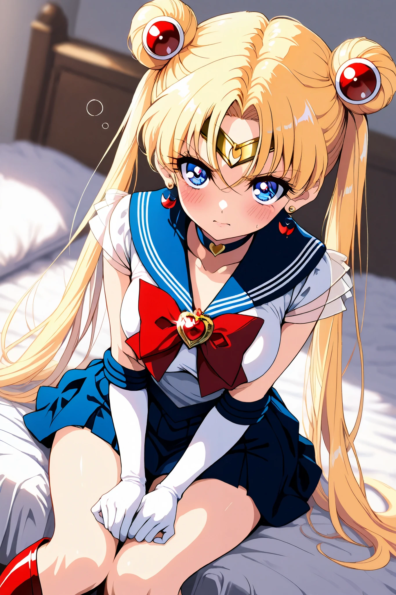 reia_kosu,1 female,solo,pretty,
supersailormoon,

double bun,blonde hair,twintails,
hair between the eyes,

blue eyes,big eyes,drooping eyes,
long eyelashes,sleepy eyes,

spreading panty with hands,unwearing panty,
dirty panty,
very angry,blush,incontinence,contempt,
discomfort,

midium breast,nipple,looking at viewer,
very embarrassed,

circlet,earrings,choker,bow,gloves,
sailor suits,elbows extended,
navy blue miniskirt,
red thigh-high boots（1.3）,

beautiful legs,thin thighs,thin calves,
nallow waist,
perfect face,beautiful skin,
anatomically correct,

beautiful legs,thin thighs,thin calves,
nallow waist,dutch angle,

perfect face,beautiful skin,
anatomically correct,
anime,masterpiece,highest quality,high resolution,
high definition,ultra-detailed,
blurred background,

indoors,on bed,bed room