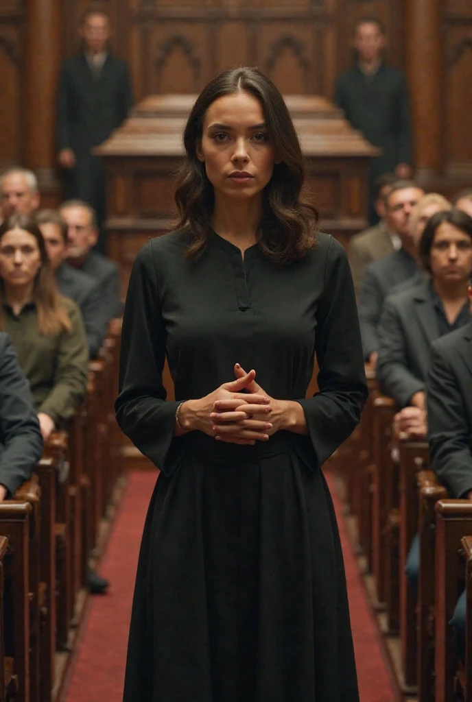 A woman lawyer standing in a court with plaintif and judge and prisoners