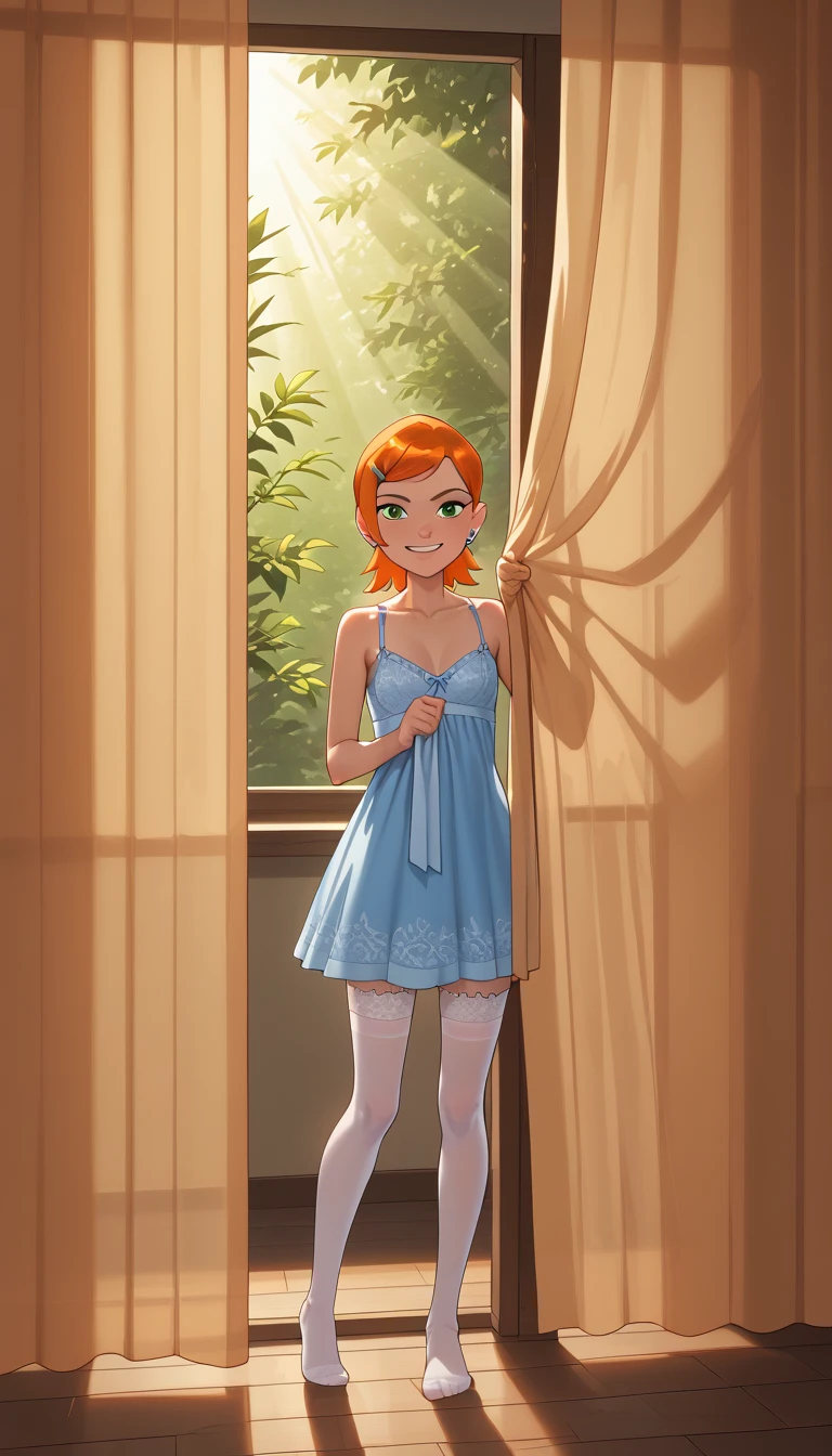 Create a full-body portrait in a digital art style. The subject is a woman in her early thirties, with short ginger hair, showcasing a vividly detailed, heavily freckled face and body. She has a , athletic build with a flat chest and a toned, lithe physique. Dress her in preppy clothing. Have her sitting on a couch in a living room. The artwork should be in 16k resolution, 64 megapixels, with a detailed background and whimsical lighting. Ensure her expression is a smile, and she is gazing directly into the camera. Apply the rule of thirds for composition and include extreme detail and high resolution. Incorporate subtle bokeh effects (bokeh:2) and backlight for added depth.