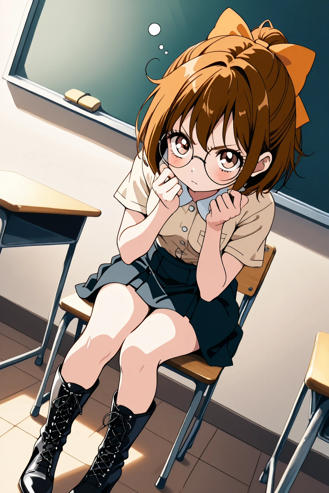 reia_kosu,1 female,solo,
haduki_fujiwara,
brown eyes,round glasses,brown hair,hair bow,
short hair,ponytail,
blue eyes,big eyes,slant eyes,long eyelashes,
sleepy eyes,
pretty,small breast,looking at viewer,
dutch angle,

spreading panty with hands,unwearing panty,
dirty panty,
very angry,blush,incontinence,contempt,
discomfort,

short sleeves,skirt,beige shirt,
lace up boots,thigh-high boots,high heels,

beautiful legs,thin thighs,thin calves,
nallow waist,
perfect face,beautiful skin,
anatomically correct,

masterpiece,highest quality,
high resolution,high definition,
ultra-detailed,anime,
indoors,class room,school desk,school chair,black board