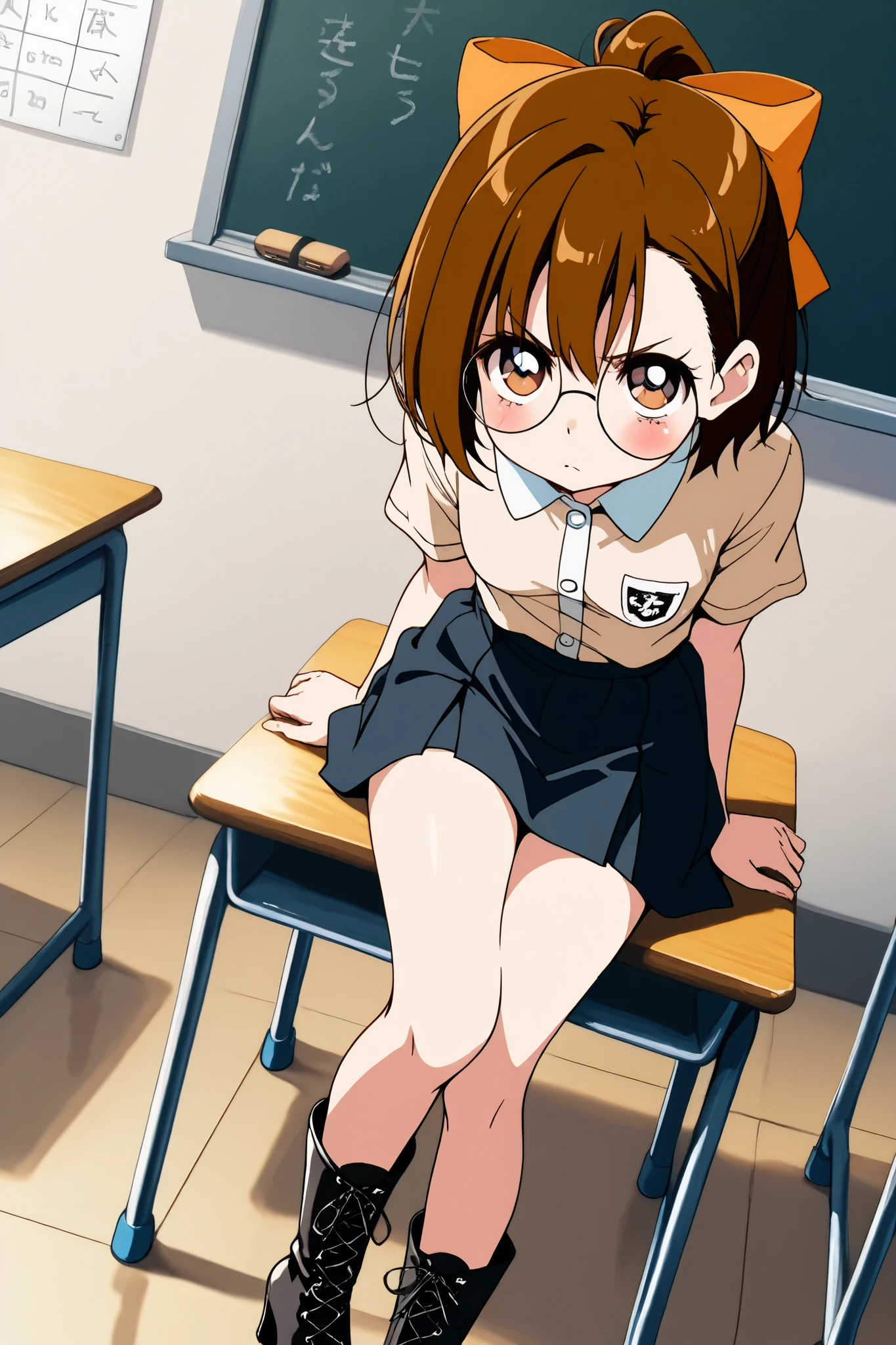 reia_kosu,1 female,solo,
haduki_fujiwara,
brown eyes,round glasses,brown hair,hair bow,
short hair,ponytail,
blue eyes,big eyes,slant eyes,long eyelashes,
sleepy eyes,
pretty,small breast,looking at viewer,
dutch angle,

spreading panty with hands,unwearing panty,
dirty panty,
very angry,blush,incontinence,contempt,
discomfort,

short sleeves,skirt,beige shirt,
lace up boots,thigh-high boots,high heels,

beautiful legs,thin thighs,thin calves,
nallow waist,
perfect face,beautiful skin,
anatomically correct,

masterpiece,highest quality,
high resolution,high definition,
ultra-detailed,anime,
indoors,class room,school desk,school chair,black board