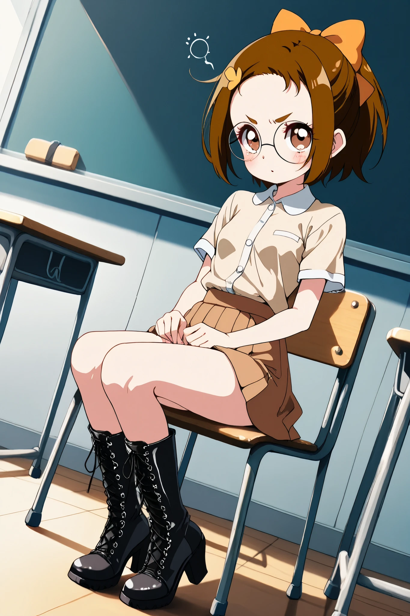 reia_kosu,1 female,solo,
haduki_fujiwara,
brown eyes,round glasses,brown hair,hair bow,
short hair,ponytail,
blue eyes,big eyes,slant eyes,long eyelashes,
sleepy eyes,
pretty,small breast,looking at viewer,
dutch angle,

spreading panty with hands,unwearing panty,
dirty panty,
very angry,blush,incontinence,contempt,
discomfort,

short sleeves,skirt,beige shirt,
lace up boots,thigh-high boots,high heels,

beautiful legs,thin thighs,thin calves,
nallow waist,
perfect face,beautiful skin,
anatomically correct,

masterpiece,highest quality,
high resolution,high definition,
ultra-detailed,anime,
indoors,class room,school desk,school chair,black board
