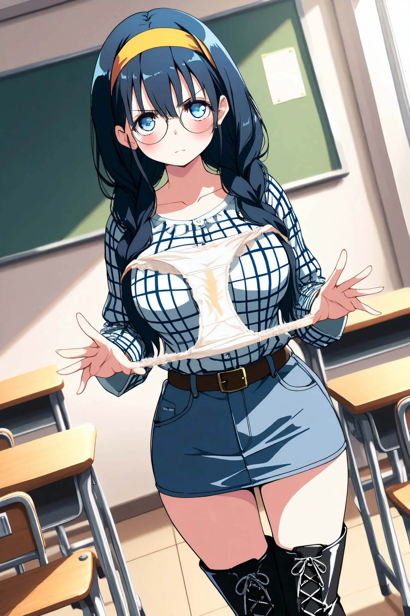 reia_kosu,1 female,solo,
saori_makishima,
black hair,low twin tail,blue hair,long hair,half up,hair between the eyes,blue eyes,big eyes,slant eyes,long eyelashes,sleepy eyes,
contempt,blurred background,
pretty,large breast,looking at viewer,
dutch angle,cowboy shot,
extreme close-up,
spreading panty with hands,
unwearing panty,dirty panty,
very angry,blush,incontinence,contempt,
discomfort,
shirts,round glasses,belt,pants,headband,
denim miniskirt,jeansminiskirt,plaid shirt,
bare thighs,
white lace-up boots,thigh_high boots,high heels,
beautiful legs,thin thighs,thin calves,
nallow waist,
perfect face,beautiful skin,
anatomically correct,
masterpiece,highest quality,
high resolution,high definition,
ultra-detailed,anime,
indoors,class room,school desk,school chair,
black board