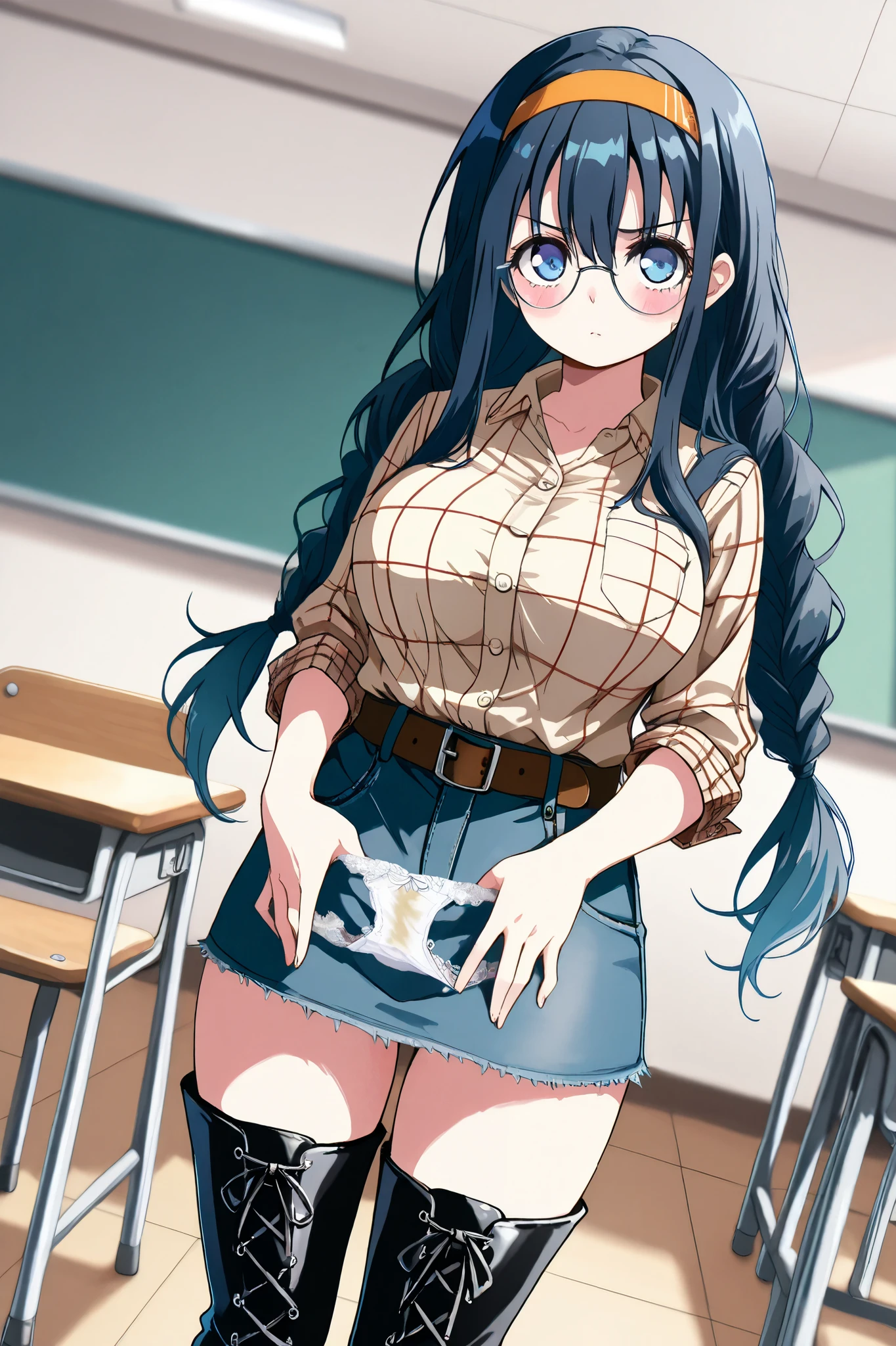 reia_kosu,1 female,solo,
saori_makishima,
black hair,low twin tail,blue hair,long hair,half up,hair between the eyes,blue eyes,big eyes,slant eyes,long eyelashes,sleepy eyes,
contempt,blurred background,
pretty,large breast,looking at viewer,
dutch angle,cowboy shot,
extreme close-up,
spreading panty with hands,
unwearing panty,dirty panty,
very angry,blush,incontinence,contempt,
discomfort,
shirts,round glasses,belt,pants,headband,
denim miniskirt,jeansminiskirt,plaid shirt,
bare thighs,
white lace-up boots,thigh_high boots,high heels,
beautiful legs,thin thighs,thin calves,
nallow waist,
perfect face,beautiful skin,
anatomically correct,
masterpiece,highest quality,
high resolution,high definition,
ultra-detailed,anime,
indoors,class room,school desk,school chair,
black board