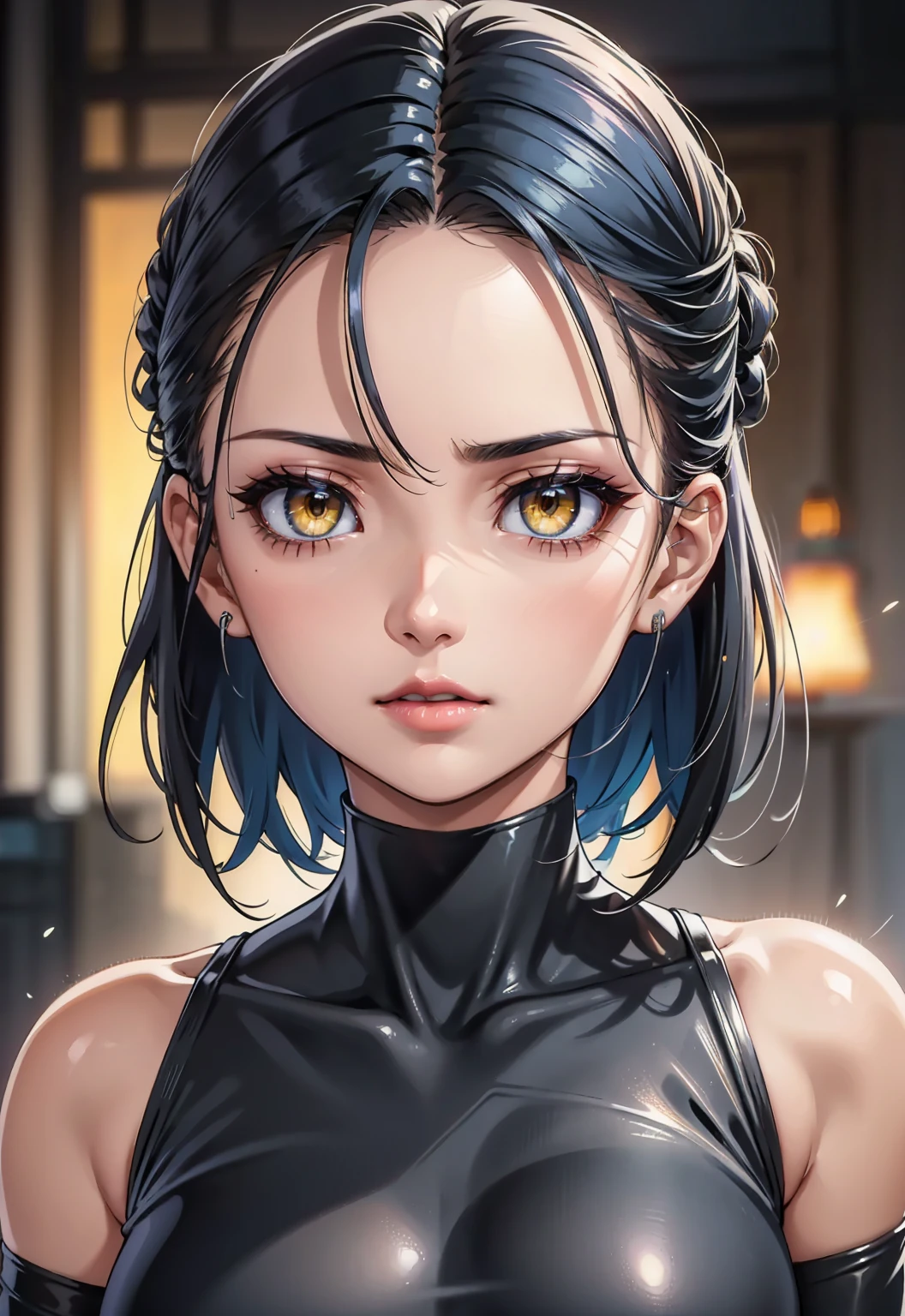 a 20 yo woman、Black blue Hair、Bery short hair、Big smile、(hi-top fade:1.3)、dark themed、Muted Tones、Subdued Color、highly contrast、background green、(natural skin textures、Hyper-Realism、Soft light、sharp)