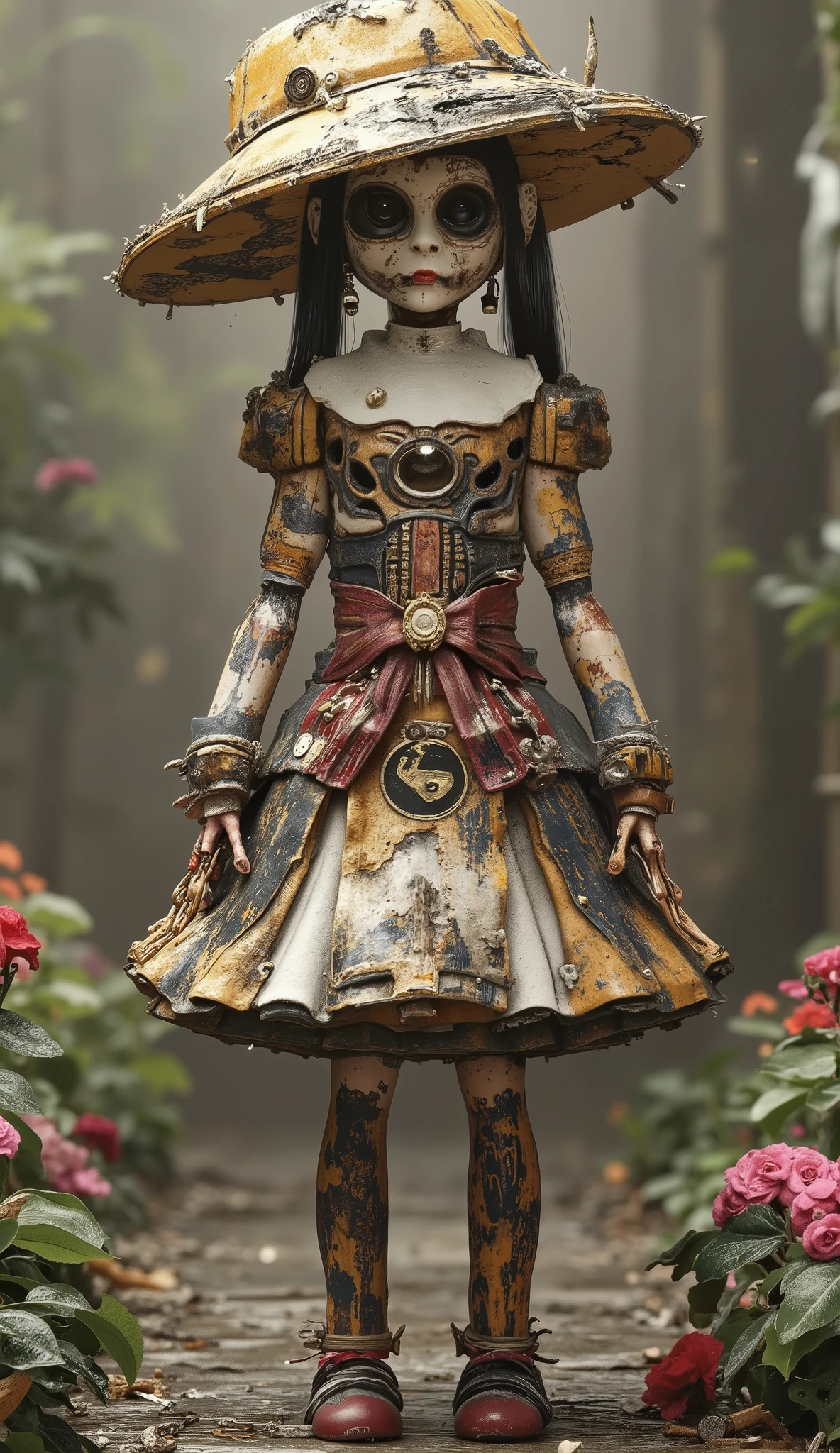 An old coin that pulls flexibly between fingers, a mecha skeleton，,stunt,beautiful and realistic high-definition digital painting, Sci-Fi Background：garden，,Focus on close-up,natural light,reflection,Smooth movement ,Extreme Details,4K High Resolution,Scaled processing,Professional-grade rendering, are brightly colored, high contrast ,Metallic tones 