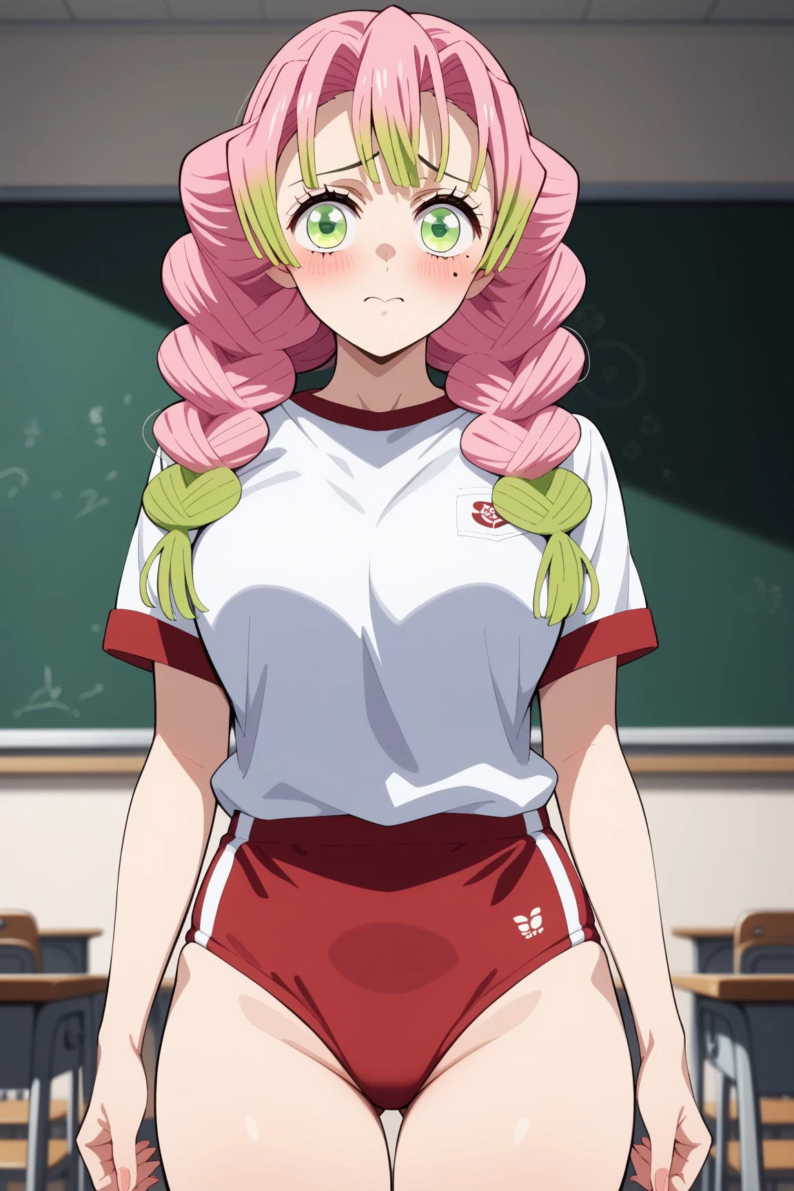 score_9, score_8_up, score_7_up, score_6_up, score_5_up, score_4_up, BREAK source_anime, 1girl, solo,
ChopioMitsuri, long hair, pink hair, green hair, twin braids, multicolored hair, green eyes, eyelashes, mole under eye, (looking at viewer:1.1),
large breasts,
 tigth gym clothes, bare breasts, bare pussy, visible pussy, visible breasts
standing, smile, seductive pose, open mouth, gym