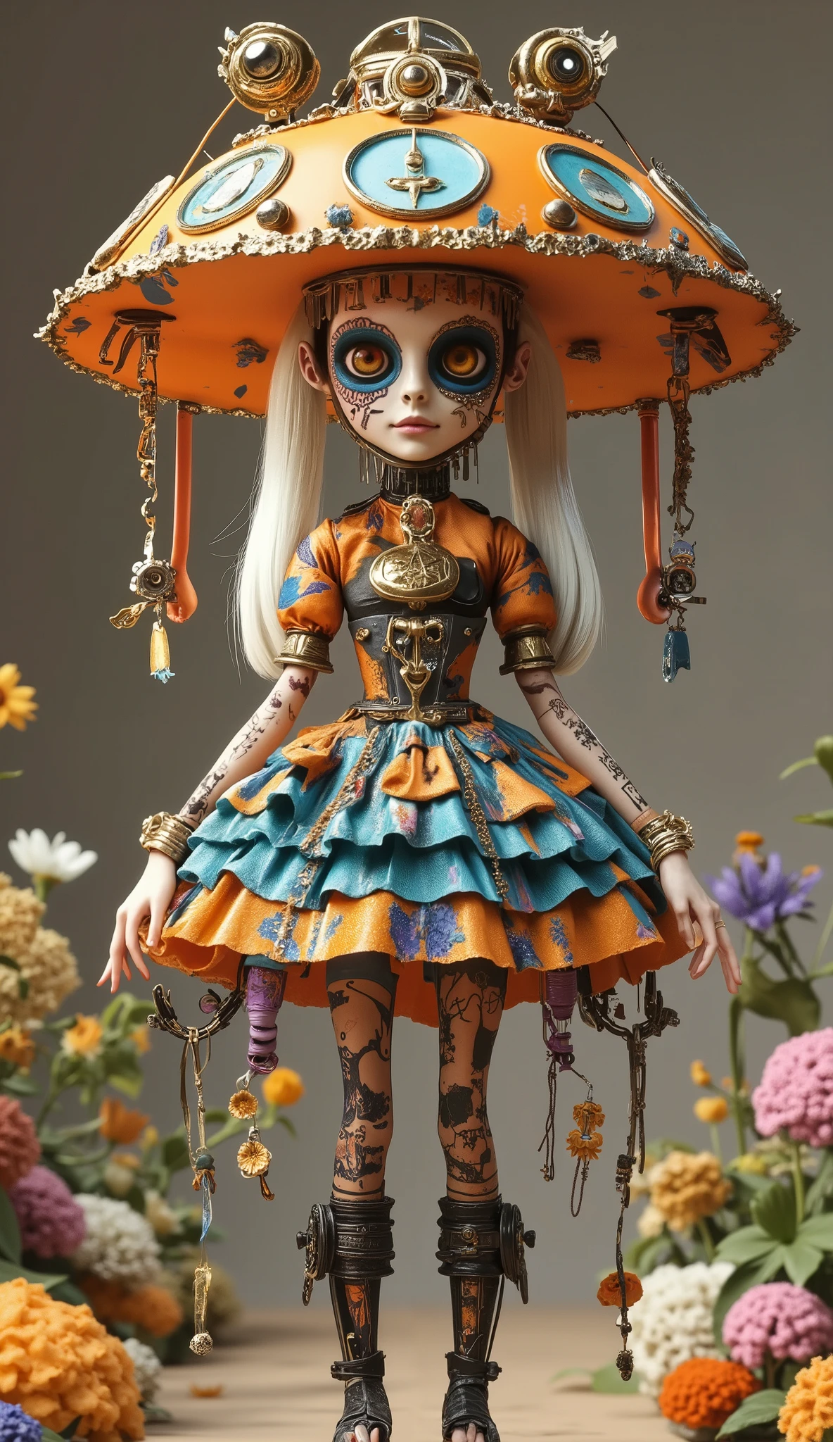An old coin that pulls flexibly between fingers, a mecha skeleton,,stunt,beautifully realistic high-definition digital painting,Science Fiction,background:Magical garden,,Orange, blue,Focus on close-up,natural light,reflection,Smooth movement ,Extreme Details,4K High Resolution,Scaled processing,professional-grade rendering, are brightly colored, high contrast ,Metallic tones