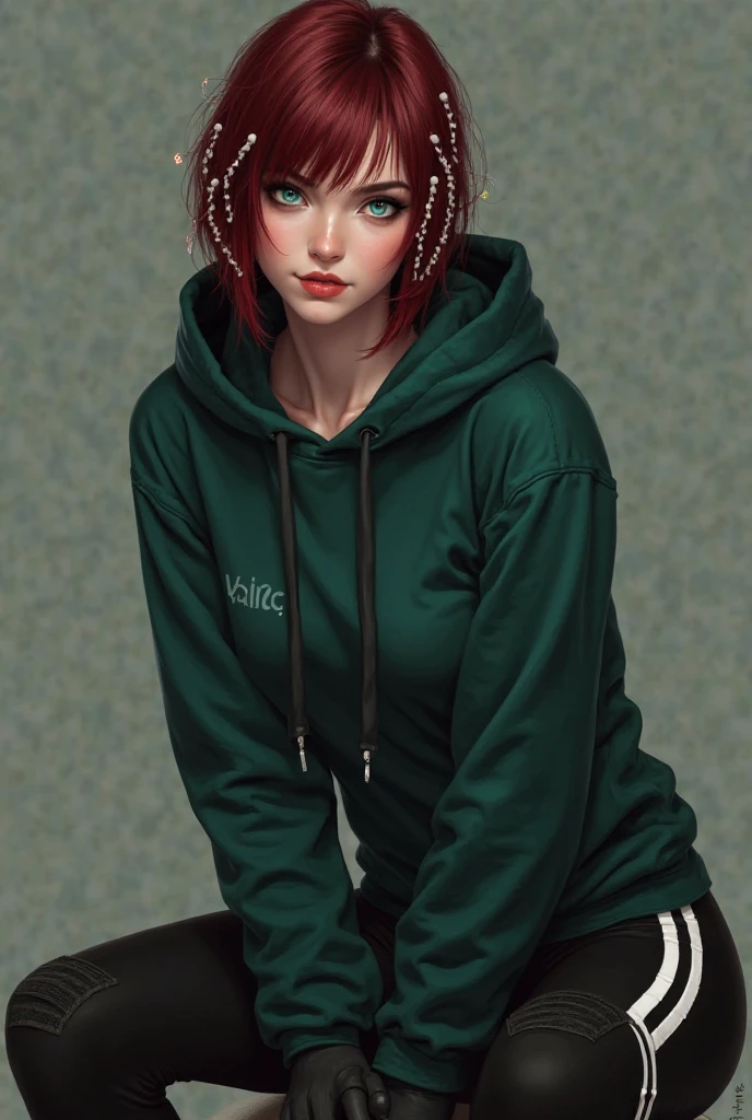 She must be a realistic woman with pale white skin and crystal blue eyes, she must have straight short hair above her shoulder, dark red with white twists in her hair and she must wear a dark green hooded sweatshirt and black leggings with white stripes on the sides and black gloves she must be seated.