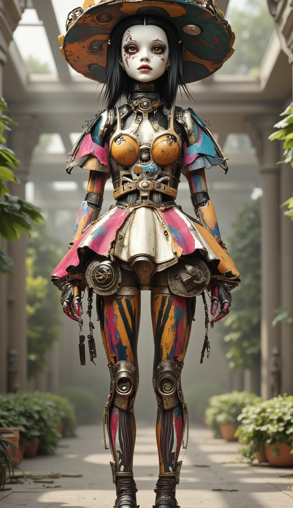 An old coin that pulls flexibly between fingers, a mecha skeleton，,stunt,beautifully realistic high-definition digital painting, Sci-Fi Background：garden，,Focus on close-up,natural light,reflection,Smooth movement ,Extreme Details,4K High Resolution,Scaled processing,professional-grade rendering, are brightly colored, high contrast ,Metallic tones 