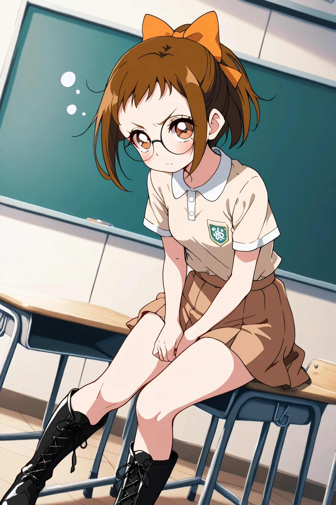 reia_kosu,1 female,solo,
haduki_fujiwara,
brown eyes,round glasses,brown hair,hair bow,
short hair,ponytail,
blue eyes,big eyes,slant eyes,long eyelashes,
sleepy eyes,
pretty,small breast,looking at viewer,
dutch angle,

spreading panty with hands,unwearing panty,
dirty panty,
very angry,blush,incontinence,contempt,
discomfort,

short sleeves,skirt,beige shirt,
lace up boots,thigh-high boots,high heels,

beautiful legs,thin thighs,thin calves,
nallow waist,
perfect face,beautiful skin,
anatomically correct,

masterpiece,highest quality,
high resolution,high definition,
ultra-detailed,anime,
indoors,class room,school desk,school chair,black board