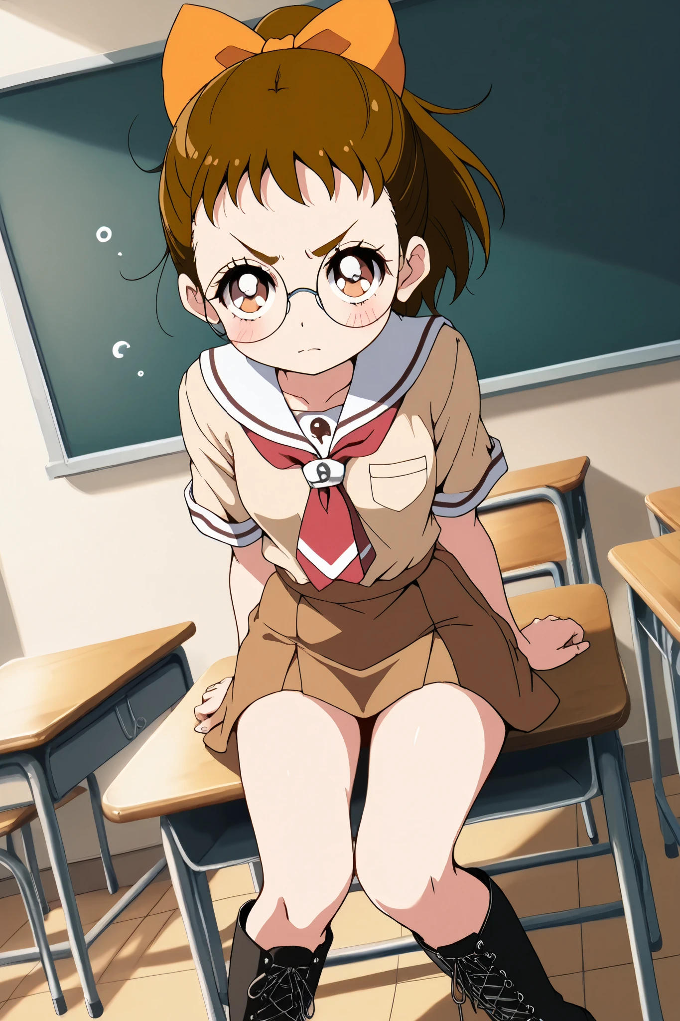 reia_kosu,1 female,solo,
haduki_fujiwara,
brown eyes,round glasses,brown hair,hair bow,
short hair,ponytail,
blue eyes,big eyes,slant eyes,long eyelashes,
sleepy eyes,
pretty,small breast,looking at viewer,
dutch angle,
spreading panty with hands,unwearing panty,
dirty panty,
very angry,blush,incontinence,contempt,
discomfort,
short sleeves,skirt,beige shirt,
lace up boots,thigh-high boots,high heels,
beautiful legs,thin thighs,thin calves,
nallow waist,
perfect face,beautiful skin,
anatomically correct,
masterpiece,highest quality,
high resolution,high definition,
ultra-detailed,anime,
indoors,class room,school desk,school chair,black board