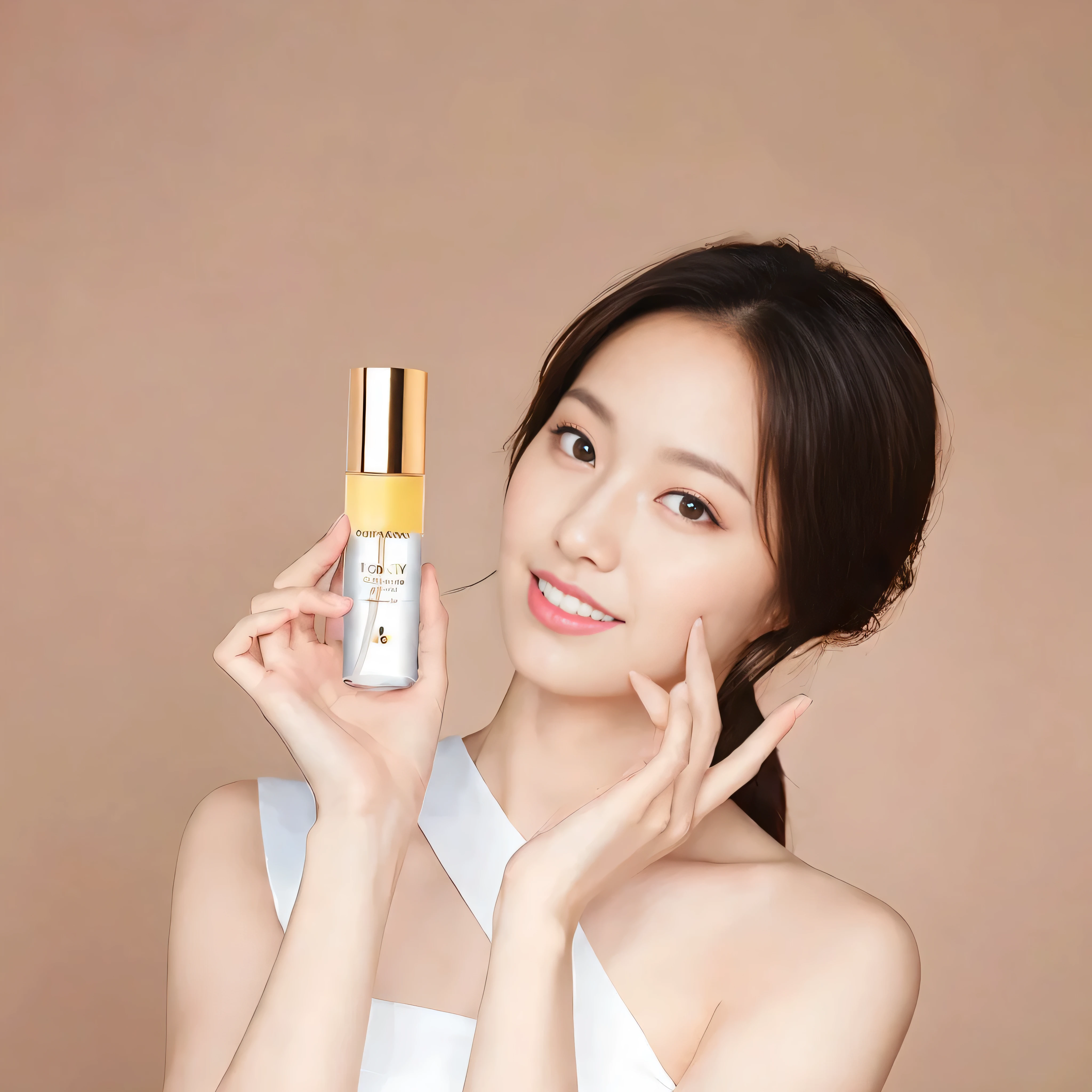 An arafed woman holding a bottle of lotion in her hand, ji-min, Korean woman, photoshoot for skincare brand, lee ji-eun, lee ji - eun, popular korean makeup, hwang se - on, popular south korean makeup, sha xi, shin min jeong, park ji-min, beauty campaign, smooth golden skin, cute korean actress.