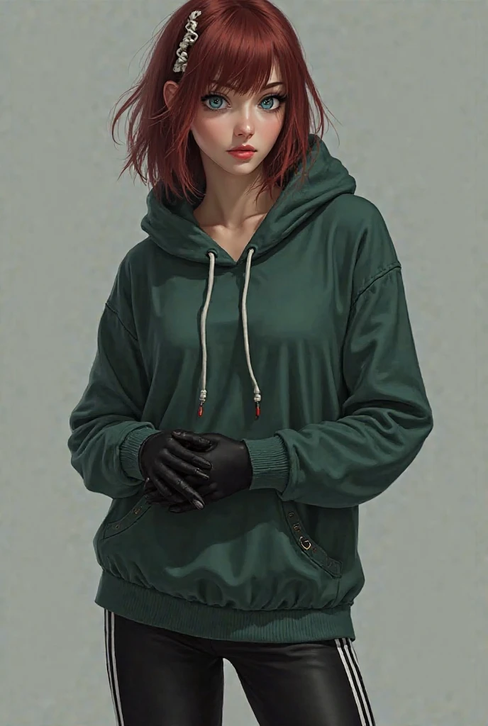 masterpiece, best quality, ultra-detailed, beautiful lighting, Woman, black leggins, orange hair, (green eyes:1.3), (black oversized hoodie:1.2), , turtleneck, standing up, in park, beautiful scenery, slight blush, smiling, (cute smile:1,1), (glossy lips:1.1), (beautiful eyes:1.1), wonderful backround, closed mouth, arms_behind_back, short hair HD HQ UHD