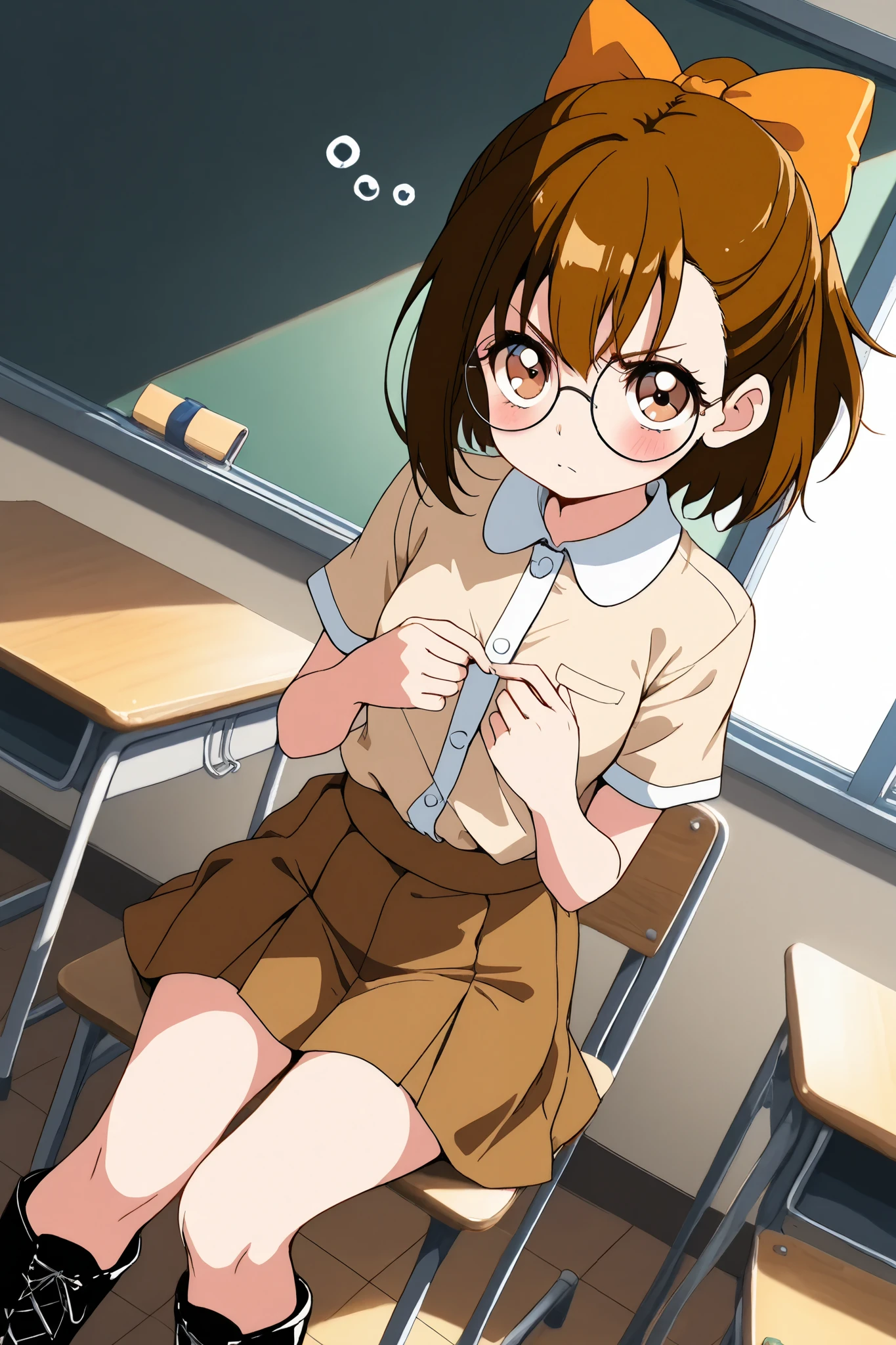 reia_kosu,1 female,solo,
haduki_fujiwara,
brown eyes,round glasses,brown hair,hair bow,
short hair,ponytail,
blue eyes,big eyes,slant eyes,long eyelashes,
sleepy eyes,
pretty,small breast,looking at viewer,
dutch angle,
spreading panty with hands,unwearing panty,
dirty panty,
very angry,blush,incontinence,contempt,
discomfort,
short sleeves,skirt,beige shirt,
lace up boots,thigh-high boots,high heels,
beautiful legs,thin thighs,thin calves,
nallow waist,
perfect face,beautiful skin,
anatomically correct,
masterpiece,highest quality,
high resolution,high definition,
ultra-detailed,anime,
indoors,class room,school desk,school chair,black board