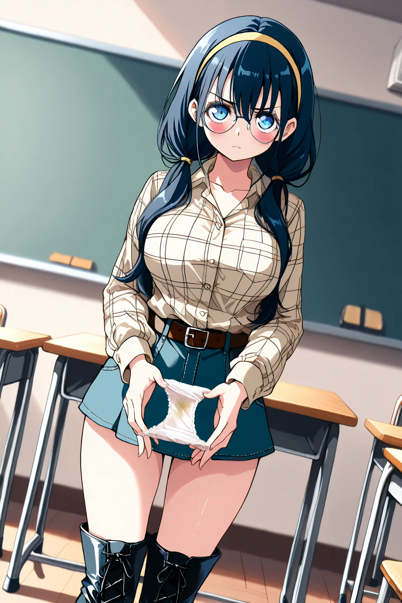 reia_kosu,1 female,solo,
saori_makishima,
black hair,low twin tail,blue hair,long hair,half up,hair between the eyes,blue eyes,big eyes,slant eyes,long eyelashes,sleepy eyes,
contempt,blurred background,
pretty,large breast,looking at viewer,
dutch angle,cowboy shot,
extreme close-up,
spreading panty with hands,
unwearing panty,dirty panty,
very angry,blush,incontinence,contempt,
discomfort,
shirts,round glasses,belt,pants,headband,
denim miniskirt,jeansminiskirt,plaid shirt,
bare thighs,
white lace-up boots,thigh_high boots,high heels,
beautiful legs,thin thighs,thin calves,
nallow waist,
perfect face,beautiful skin,
anatomically correct,
masterpiece,highest quality,
high resolution,high definition,
ultra-detailed,anime,
indoors,class room,school desk,school chair,
black board