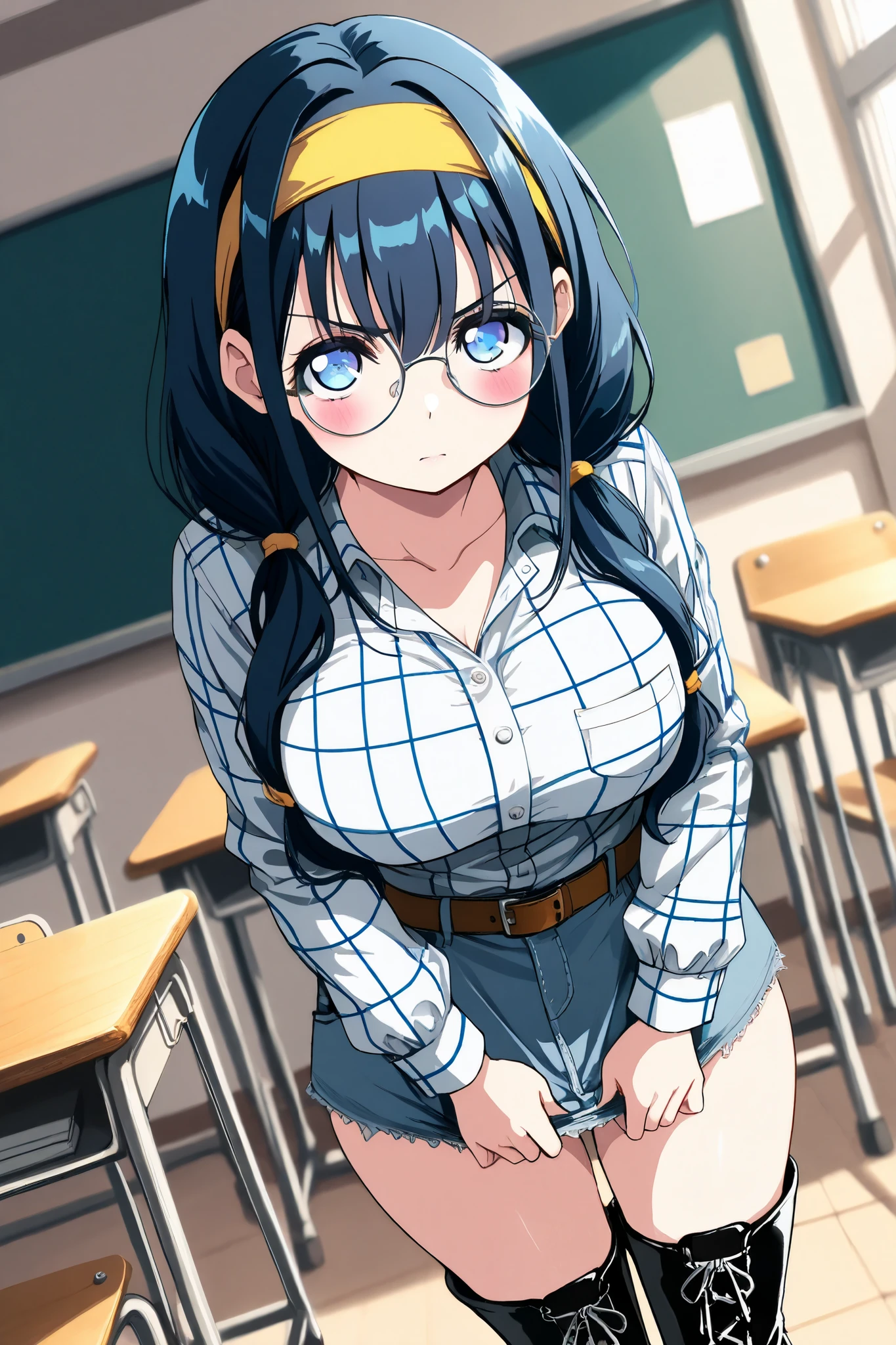 reia_kosu,1 female,solo,
saori_makishima,
black hair,low twin tail,blue hair,long hair,half up,hair between the eyes,blue eyes,big eyes,slant eyes,long eyelashes,sleepy eyes,
contempt,blurred background,
pretty,large breast,looking at viewer,
dutch angle,cowboy shot,
extreme close-up,
spreading panty with hands,
unwearing panty,dirty panty,
very angry,blush,incontinence,contempt,
discomfort,
shirts,round glasses,belt,pants,headband,
denim miniskirt,jeansminiskirt,plaid shirt,
bare thighs,
white lace-up boots,thigh_high boots,high heels,
beautiful legs,thin thighs,thin calves,
nallow waist,
perfect face,beautiful skin,
anatomically correct,
masterpiece,highest quality,
high resolution,high definition,
ultra-detailed,anime,
indoors,class room,school desk,school chair,
black board