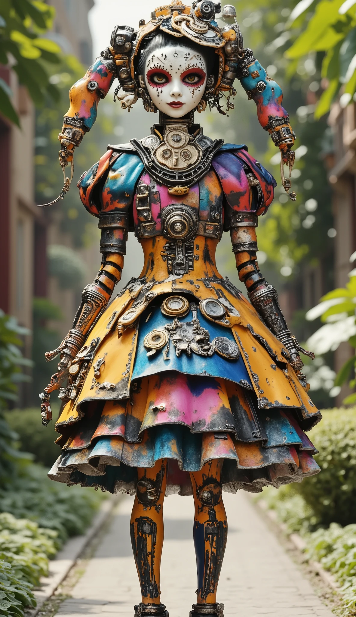 An old coin that pulls flexibly between fingers, a mecha skeleton,Happy Dance,Fashion Show,Catwalk,,stunt,beautifully realistic high-definition digital painting,Science Fiction,background:Taitai Garden,,Focus on close-up,natural light,reflection,Smooth movement ,Extreme Details,4K High Resolution,Scaled processing,professional-grade rendering, are brightly colored, high contrast ,Metallic l Blue Tint