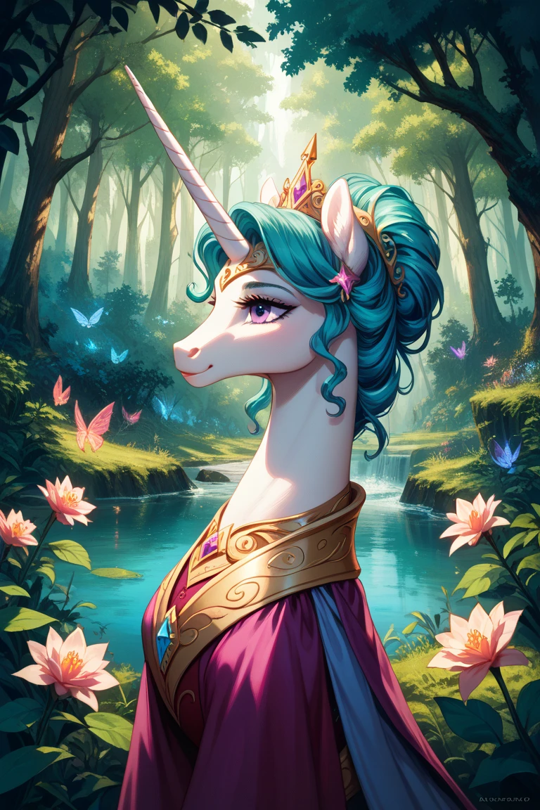 a cute pony with a flowing mane BREAK vibrant colors and detailed eyes BREAK standing in a magical forest