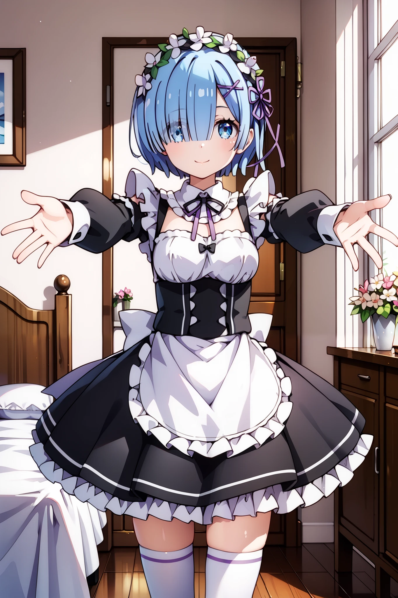 rezero rem, rem, solo, blue eyes, best smile, (blue hair, hair accessory, hair over one eye, hair ribbon, short hair, X hair accessory),
(apron, black ribbon, black skirt, black sleeves, detachable collar, detachable sleeves, flower, frilly apron, frilly skirt, frills, head wreath, long sleeves, maid, mini skirt, neck ribbon, purple ribbon, ribbon, maid uniform, short hair, skirt, thigh high socks, waist apron, white apron, white thigh high socks),
(((standing with arms outstretched in front of her))), looking at the viewer, (background: bedroom, big bed, chair),
best quality, high resolution, unity 8k wallpaper, (illustration of :0.8), (beautiful detail eyes:1.6), extremely detailed face, perfect lighting, extremely detailed CG, (perfect hands, Perfect Anatomy),
