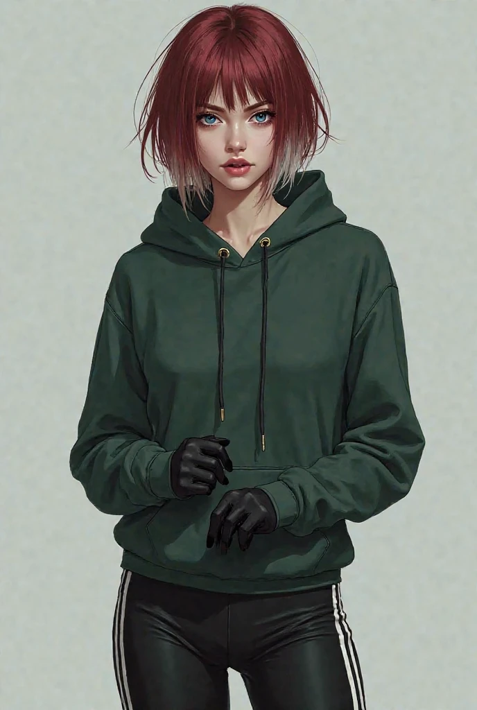 She must be a realistic woman with pale white skin and crystal blue eyes, she must have straight short hair above her shoulder, dark red with white hair roots and wearing a dark green hooded sweatshirt and black legging pants with white stripes on the sides and black gloves, she must have her hands together.