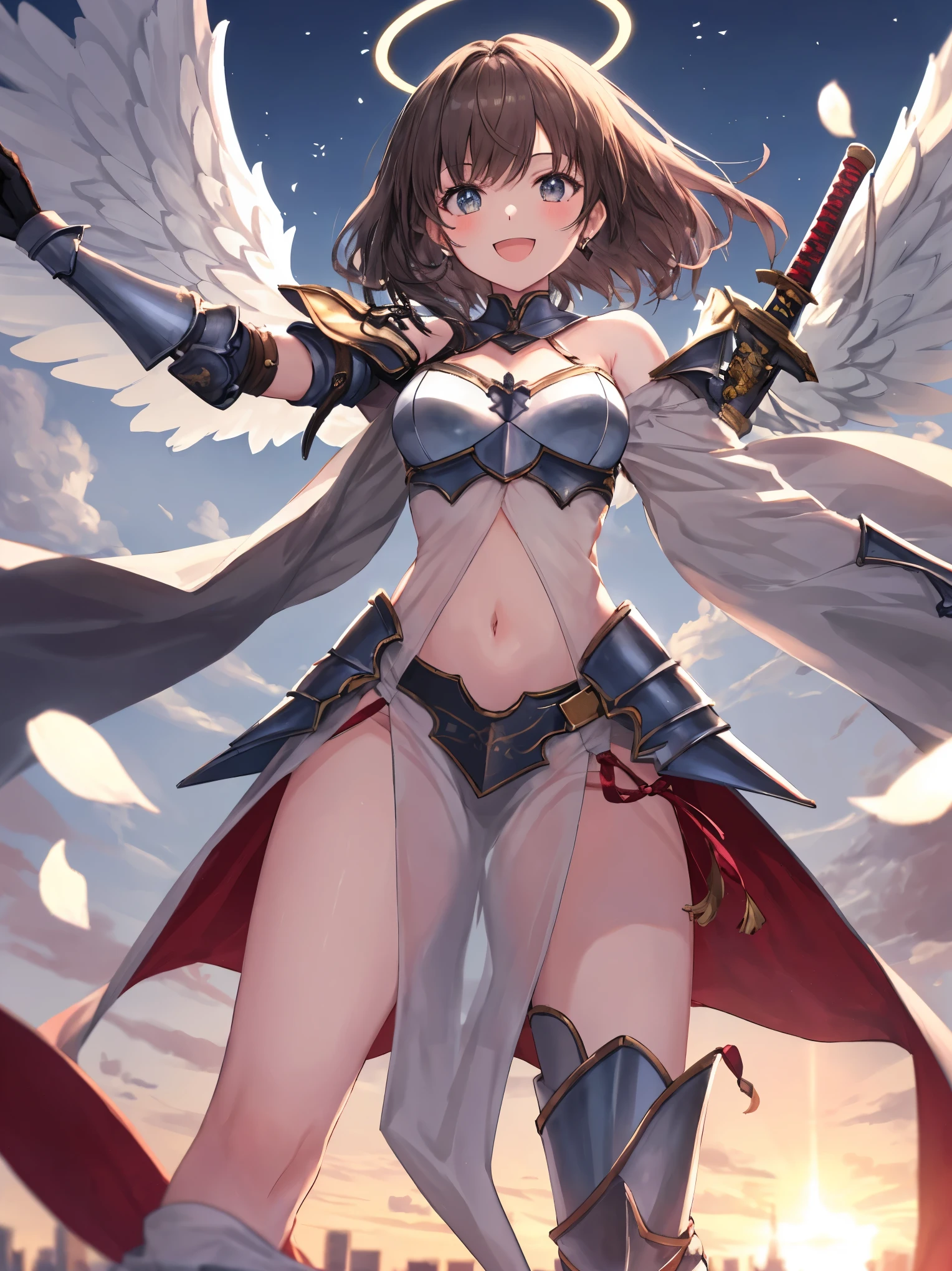 fantasy, 1angel_girl, low_teen, dark_brown_hair,long_bangs, (dark_skin)+, bare_shoulder, navel out, thighhighs,silver_shiny_armor, white_clothes,waist_armor, Glebe, hold_swords_emits_light, medium_breasts, dynamic_flying_pose,Floating, (1pair_white_wings:1.2),(pelvic_curtain:1.3), silver_Headgear ,looking_down_at_sunset_city_sky_background,,slightly_spread_legs, some_swords_emits_light,some_swords_emits_light_floating_around_the_girl,solo,glare_halo,laugh ,smile,open_mouth,open_legs,open_arms,rise_knee,rise_leg,rise_thigh,rise_leg,forward_leaning_posture,apart_legs,