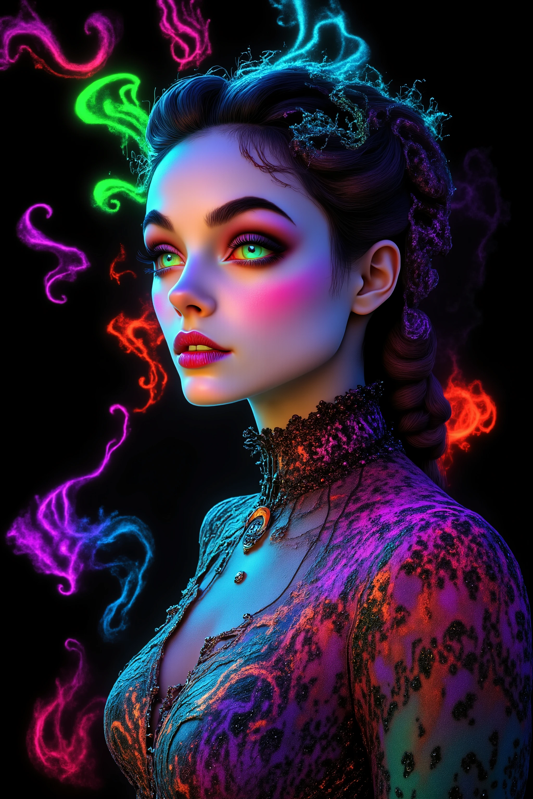 Take this image and exaggerate the swirl lines around the girl, while infusing lots of vibrant neon bioluminescent colors in the swirls as well. Make the girl look more realistic and more attractive. Surrealism, asthetically incredible, light display, lit up around the girl. Photorealistic, ultra realistic, cinematography, ultra detailed. Triple Bun, Braided Bun, Very Long Hair, Motion Lines, Sparkle, Emphasis Lines, Motion Blur, Speed Lines, Film Grain, Scanlines, Optical Illusion, Cinematic Lighting, Ray Tracing, Glowing Light, Reflection Light, God Rays, Action Painting, Icon Style, Realism, Tumbledown, Portrait Photography, Fujicolor, Hair Ribbon, Anchor Choker, Super Detailed, Best Quality, Action Painting, Masterpiece, From Below, Parted Lips, neon, lit up colored swirls, against a flat coal black background. Girl and swirls light up like bioluminescence.