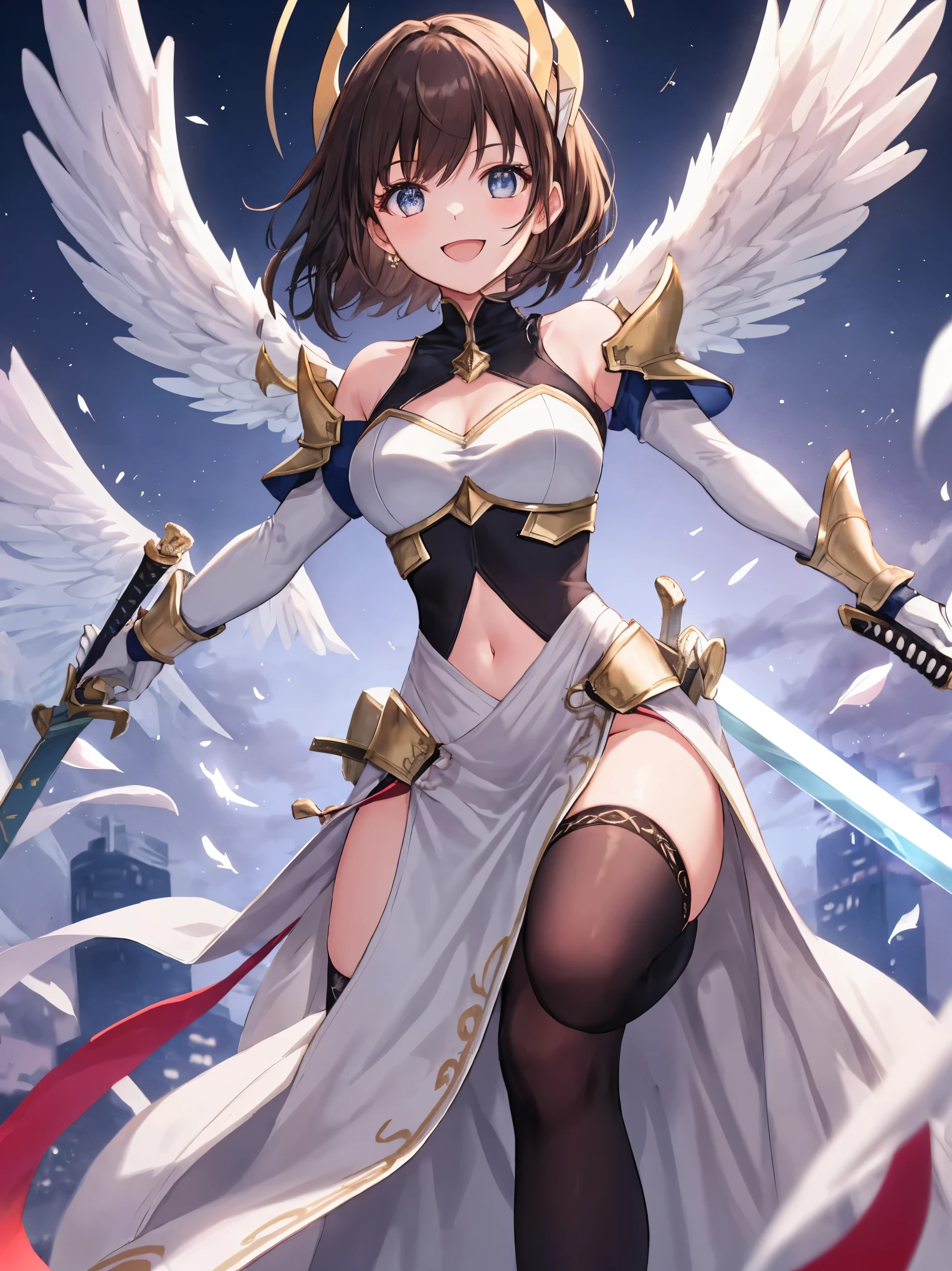 fantasy, 1angel_girl, low_, dark_brown_hair,long_bangs, (dark_skin)+, bare_shoulder, navel out, thighhighs,silver_shiny_armor, white_clothes,waist_armor, Glebe, hold_swords_emits_light, medium_breasts, dynamic_flying_pose,Floating, (1pair_white_wings:1.2),(pelvic_curtain:1.3), silver_Headgear ,looking_down_at_sunset_city_sky_background,,slightly_spread_legs, some_swords_emits_light,some_swords_emits_light_floating_around_the_girl,solo,glare_halo,laugh ,smile,open_mouth,open_legs,open_arms,rise_knee,rise_leg,rise_thigh,rise_leg,forward_leaning_posture,apart_legs,