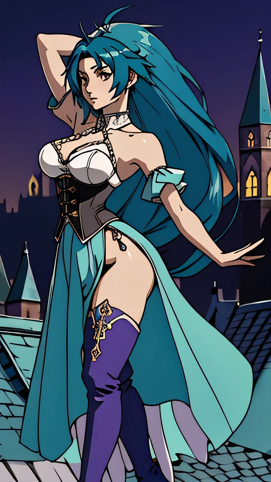 "(masterpiece:1.1), best quality,
1girl, (80s anime style:1.3), (eyelashes:1.5), (loli:1.2),
(intricate high detailed body:1.2),
(aqua hair:1.1), (hair slicked back:1.2), (long hair:1.1), (witch hat:1.2),
green eyes,
(dark skin:1.5), (gigantic breasts:1.5),
(light smile:1.2),
(see-through lace leotard armor, corset:1.2), (garter belt:1.2),
(knight armor, armored boots:1.2), (belts:1.1), (accessories:1.1), collar,
standing, leaning forward,
(upper body, cowboy shot, looking at viewer, from front:1.1),
medieval tavern"