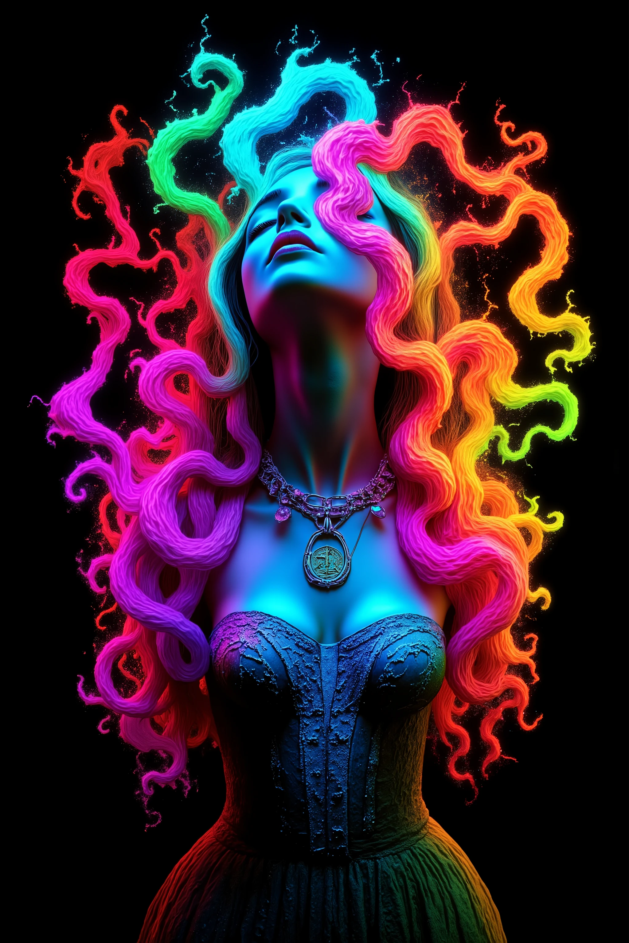 Exaggerate the swirl lines around the woman in this image, while infusing a lot of vibrant neon, luminescent colors in the swirls as well. Make the woman look more realistic and more attractive. Surrealism, asthetically incredible, light display, super saturated colors in neon and florescent light up around the woman.  Photorealistic, ultra realistic, cinematography, ultra detailed. Very Long Hair, Motion Lines, Sparkle, Emphasis Lines, Speed Lines,  Scanlines, Optical Illusion, Cinematic Lighting, Ray Tracing, Glowing Light, Reflection Light, God Rays, Icon Style, Realism, Tumbledown, Portrait Photography, Super Detailed, Best Quality, Masterpiece, From Below, Parted Lips, neon, lit up colored swirls, against a flat coal black background. Super saturated colors!