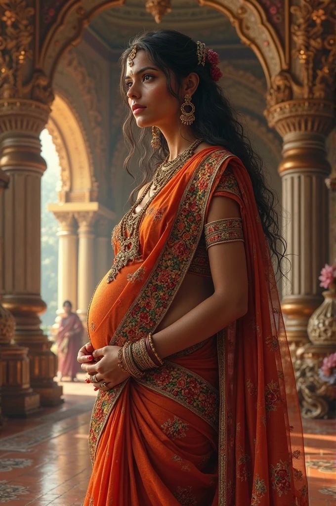a woman who is pregnant in sari ,in a historical mahal see on her stomach