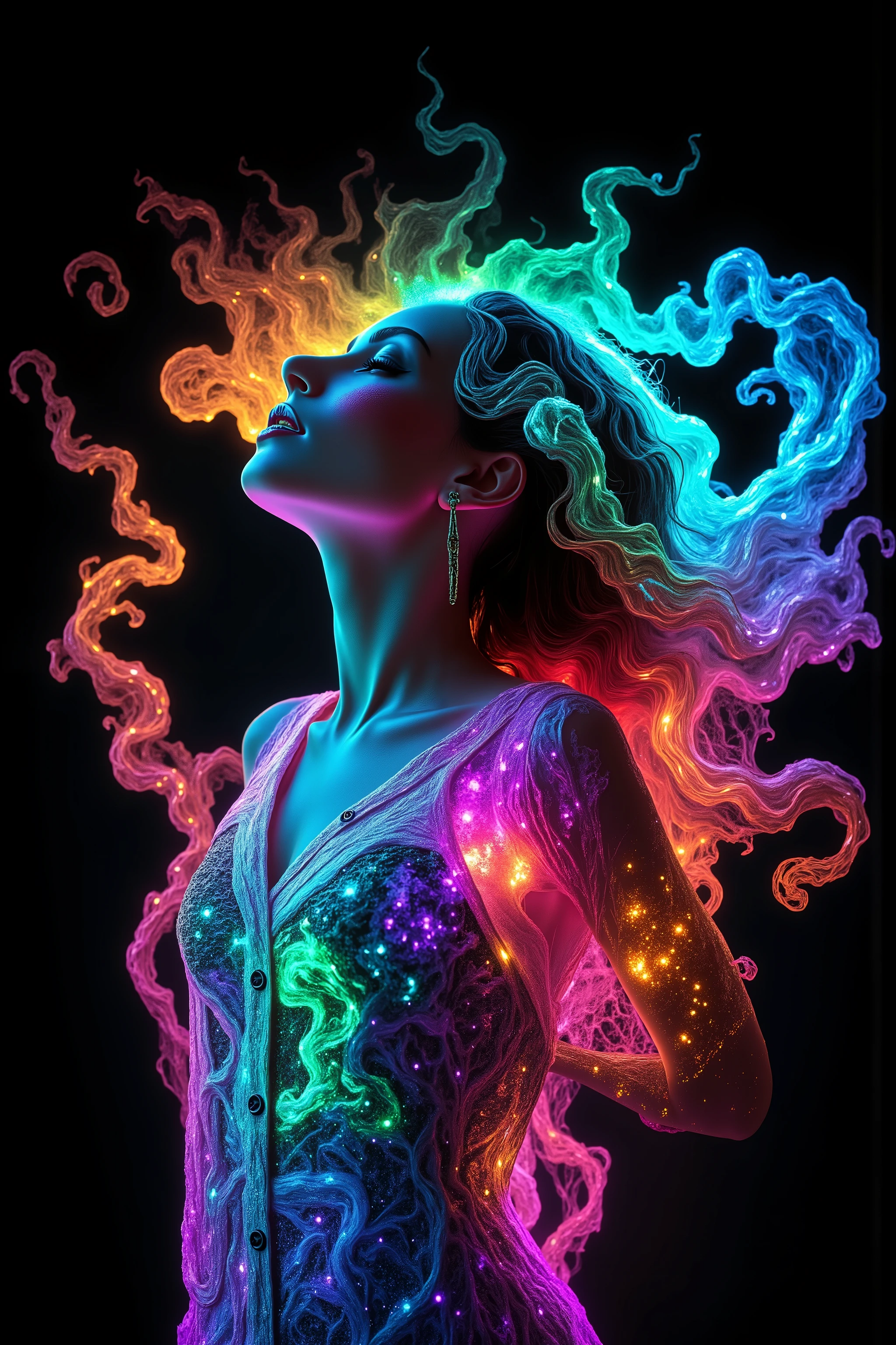 Exaggerate the swirl lines around the woman in this image, while infusing a lot of vibrant neon, luminescent colors in the swirls as well. Make the woman look more realistic and more attractive. Surrealism, asthetically incredible, light display, super saturated colors in neon and florescent light up around the woman. Photorealistic, ultra realistic, cinematography, ultra detailed. Very Long Hair, Motion Lines, Sparkle, Emphasis Lines, Speed Lines, Scanlines, Optical Illusion, Cinematic Lighting, Ray Tracing, Glowing Light, Reflection Light, God Rays, Icon Style, Realism, Tumbledown, Portrait Photography, Super Detailed, Best Quality, Masterpiece, From Below, Parted Lips, neon, lit up colored swirls, against a flat coal black background. Super saturated colors!