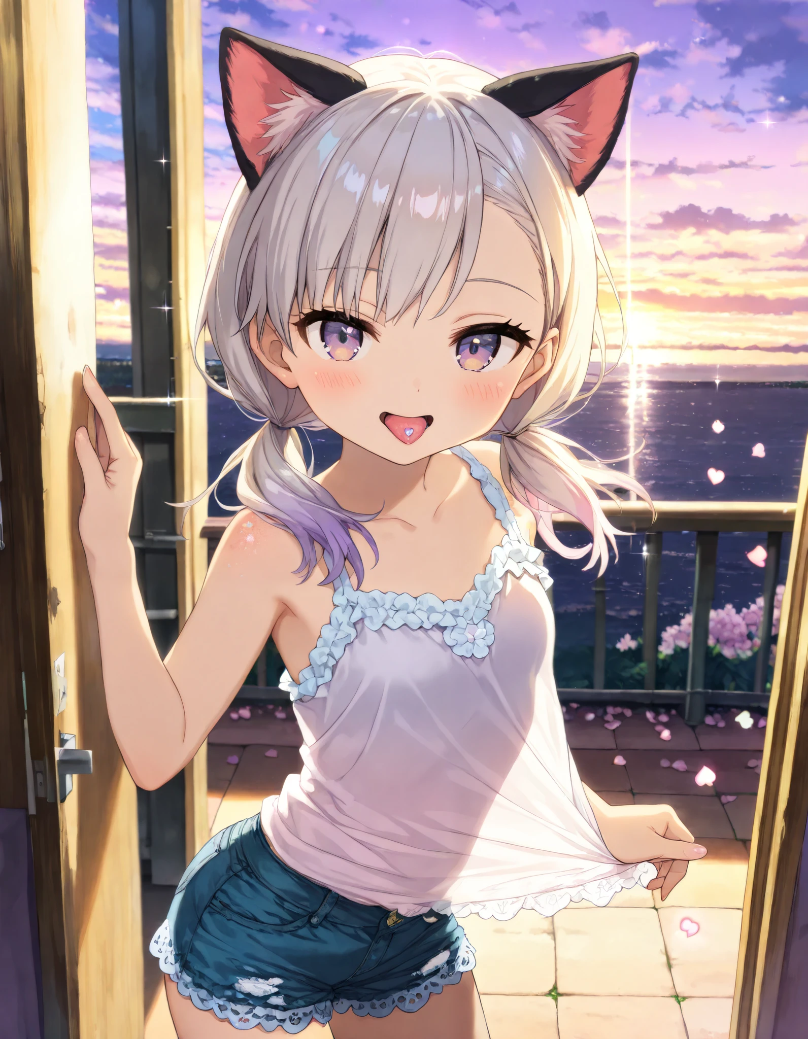 ((Masterpiece)), ((best quality)), (8K), cinematic lighting, (detailed background:1.2), (super detail:1.2),(High Definition:1.3), (Professional Photography:1.2), (very aesthetic:1.2), (absurdres:1.2), (sharp focus), ((1girl)), e young Girl, charming girl, (Textured skin), ((hearts, sparkle)), Big eyes, (pale purple eyes, gradient eyes, looking at viewer), platinum-gold hair, (Asymmetrical bangs), gradient hair, (pink color Hair Tip), (medium hair, low pigtails), (small breast, Healthy slim body), ((seductive smile)), blush, (open mouth, sticking out tongue), (cute cheeks), glossy lips, pouty lips, (lower eyelashes), (tilt head), (put on cat ears), Beautiful collarbones, BREAK, (see-through silhouette), (white tanktop, badly ragged tanktop, lace trim, frills), denim shorts, ((Pull the tanktop and spread it out, pull by self)), (loose standing on the beautiful lawn), Lots of petals fluttering, outdoor, (Beautiful slum townscape, sunset, twilight)