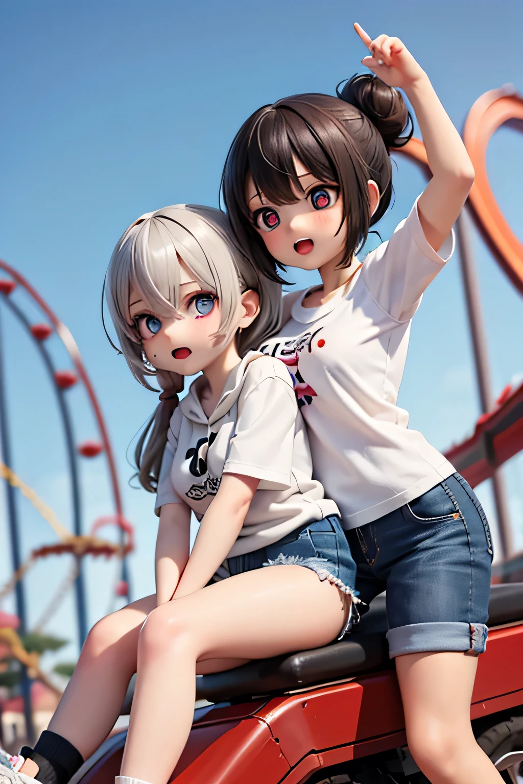 Highest quality、high resolution、(HD:1.4)、masterpiece、detailed background、age beauty、 huge breasts、(very detailed face:1.4)、 detailed expressions 、(detailed eyes:1.4)、anatomically correct、(Normal number of fingers:1.3)、
(Two girls riding an amusement park roller coaster:1.5)、
they have a nervous expression and hold the safety bar firmly、they show an uneasy face every time they climb the rail, but the next moment、looks surprised and fearful as they rapidly descend、clings to the arm of their neighbor with momentum。A thrilling moment where surprise and excitement intersect while being at the mercy of speed and gravity、shorts、oversized t-shirt、Sneakers、Simple denim+ hoodie、hair put together in a ponytail or bun、cute