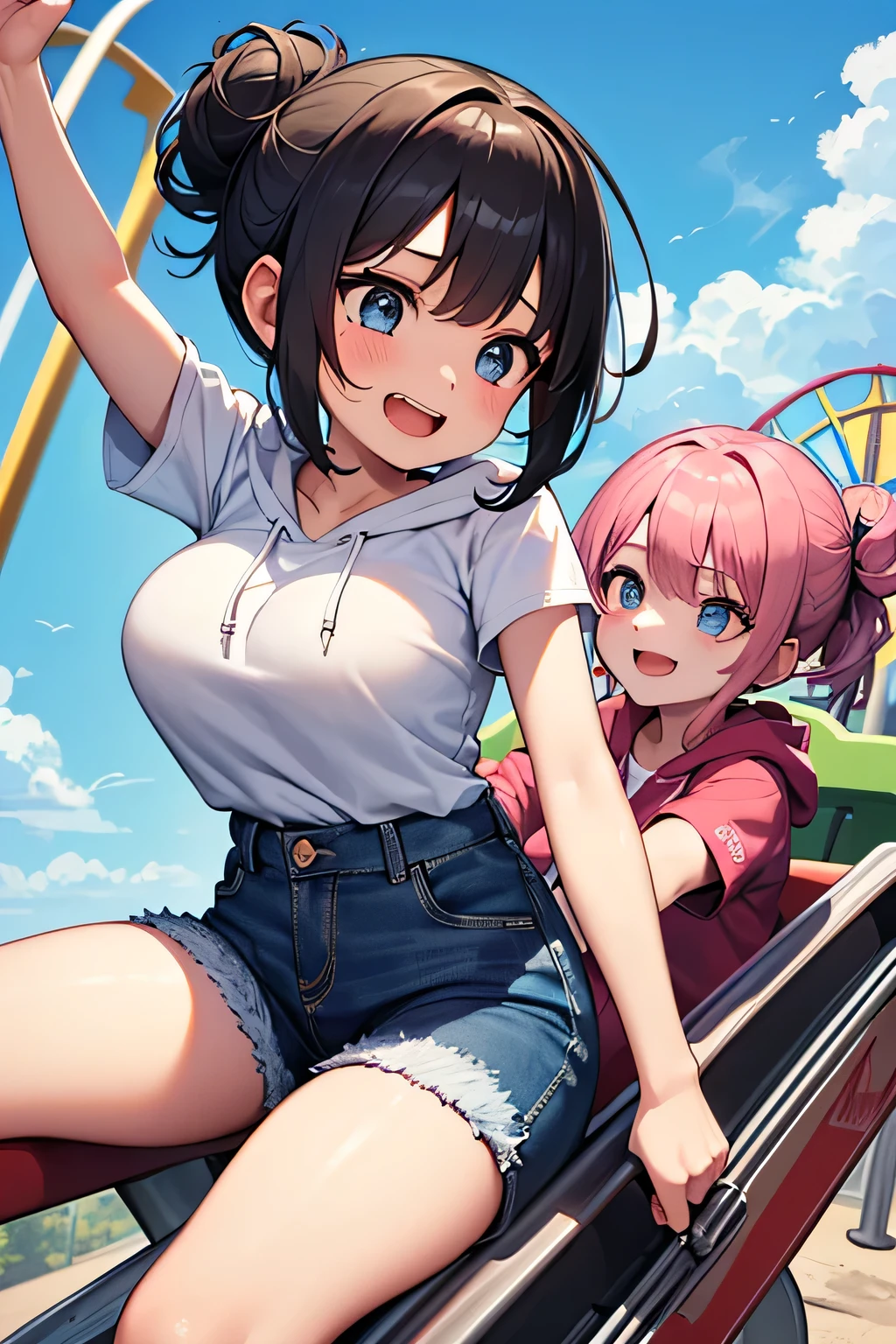 Highest quality、High resolution、Detailed Background、(Beautiful face in every detail:1.4)、Anatomically correct、(Detailed facial expressions)、Teenage beauty、(Huge breasts:1.2)、Perfect body line、cute色の髪の色、Brown Hair、Black Hair、Braided bob cut、Braided Ponytail、Wavy Hairstyle、well-groomed eyebrows、A fun atmosphere、smile、Amusement park date、
(Two beautiful girls having fun with friends at an amusement park:1.5)、
Cool dresses and shirt dresses、Shorts or shorts、Sandals or sneakers are recommended、
夏らしい華やかなピアスやネックレスをプラスするのがcuteです、cute