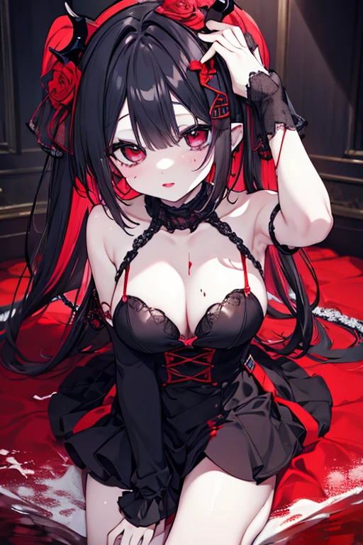 horror, undead Female. black long hair, stitches over her body and horror, undead Female. black long hair, stitches over her body and face smiling creepily, hollow features, dead like. sunken eyes. wearing a maid uniform, dark bags under eyes, sunken features, dead like, zombie like. stitches Criss crossing over chest and face or staples. sitting on a chair.