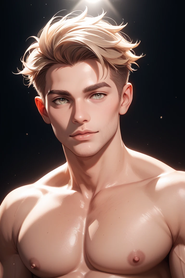 Blonde short hair , blue eyes, shirtless ,, celestial,,red angel halo above head, ((exposed vagina)), male, black background, high detail, slim and muscular