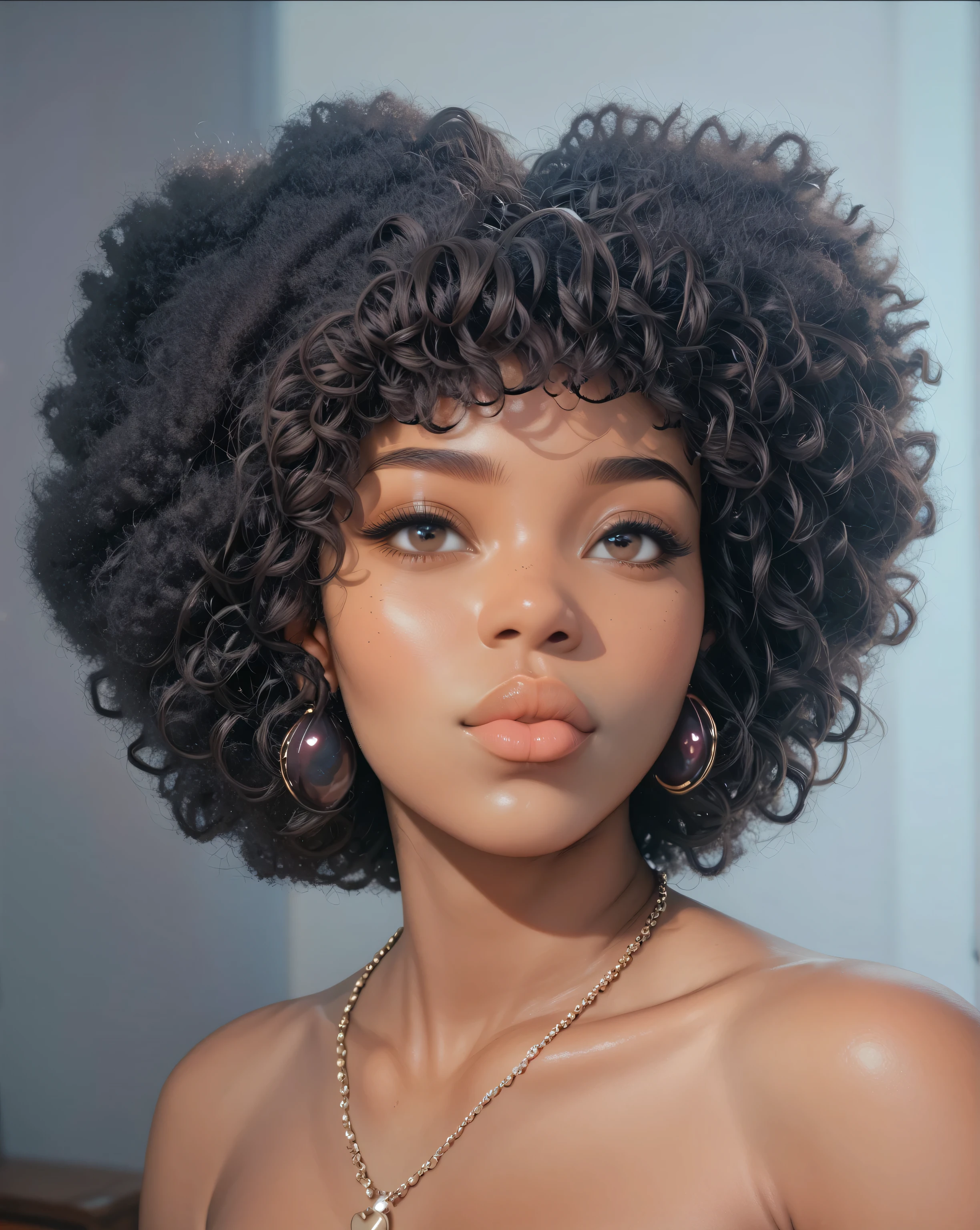 1girl, sexy face, puckered lips, puffy lips, afro hair, pretty girl, closed mouth,ebony face,  big beautifull eyes, juicy lips, glossy lips