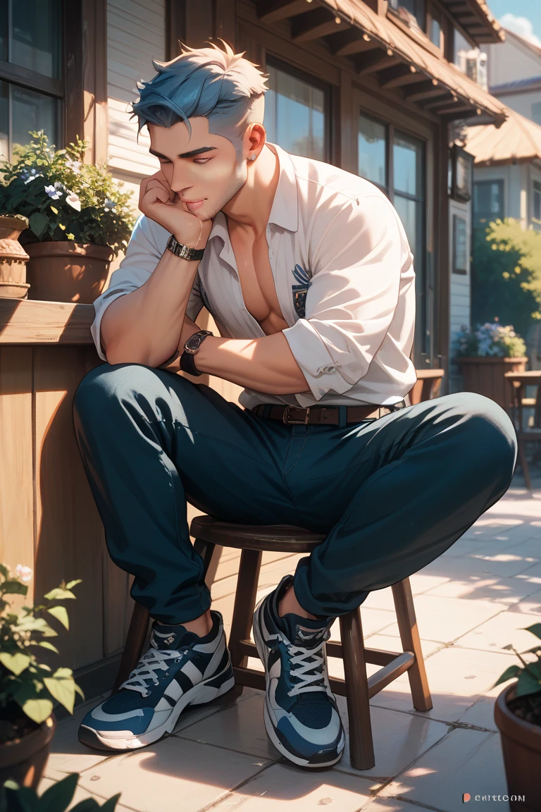 High resolution masterpiece best quality portrait close-up, handsome boy, perfect face, short hair, detailed outfit, detailed background scenery