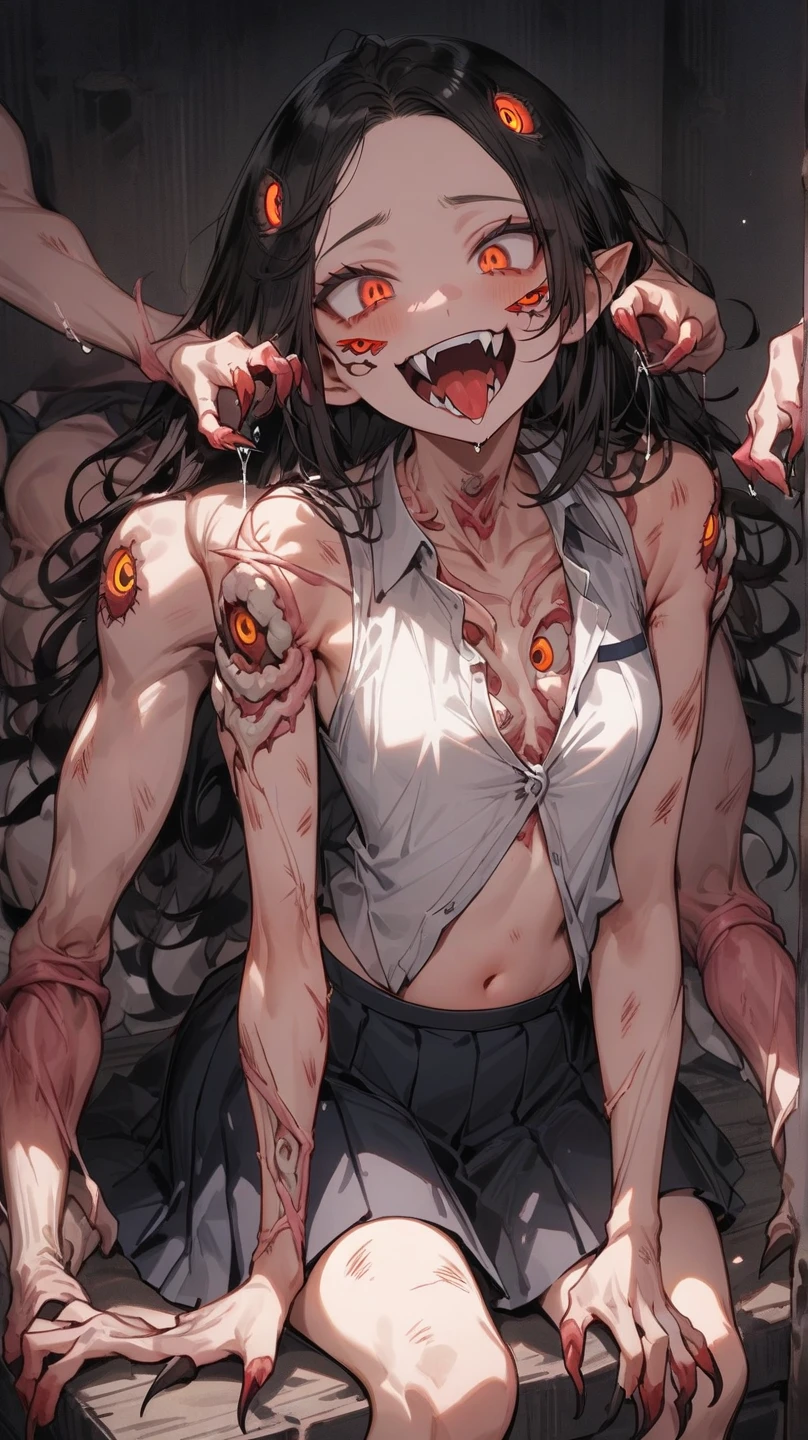Solo. Creepy, terrifying extremely muscularly lean girl with short messy curly black hair, big breasts, defined muscular thighs, a sharp jawline, crazy red eyes, metal wires joining her seperated upper jaw and lower jaw, Jeff the killer's mouth, defined muscular forearms, sharp shark-like teeth for teeth, pale white skin, red eyes on her body, wearing only a big white T-shirt, eating a lung, in a war. Cannibalistic. Floating red eyeballs. Horror. Her name is Cannaria, 17 year old. Blood, smiling. Extra eyes.