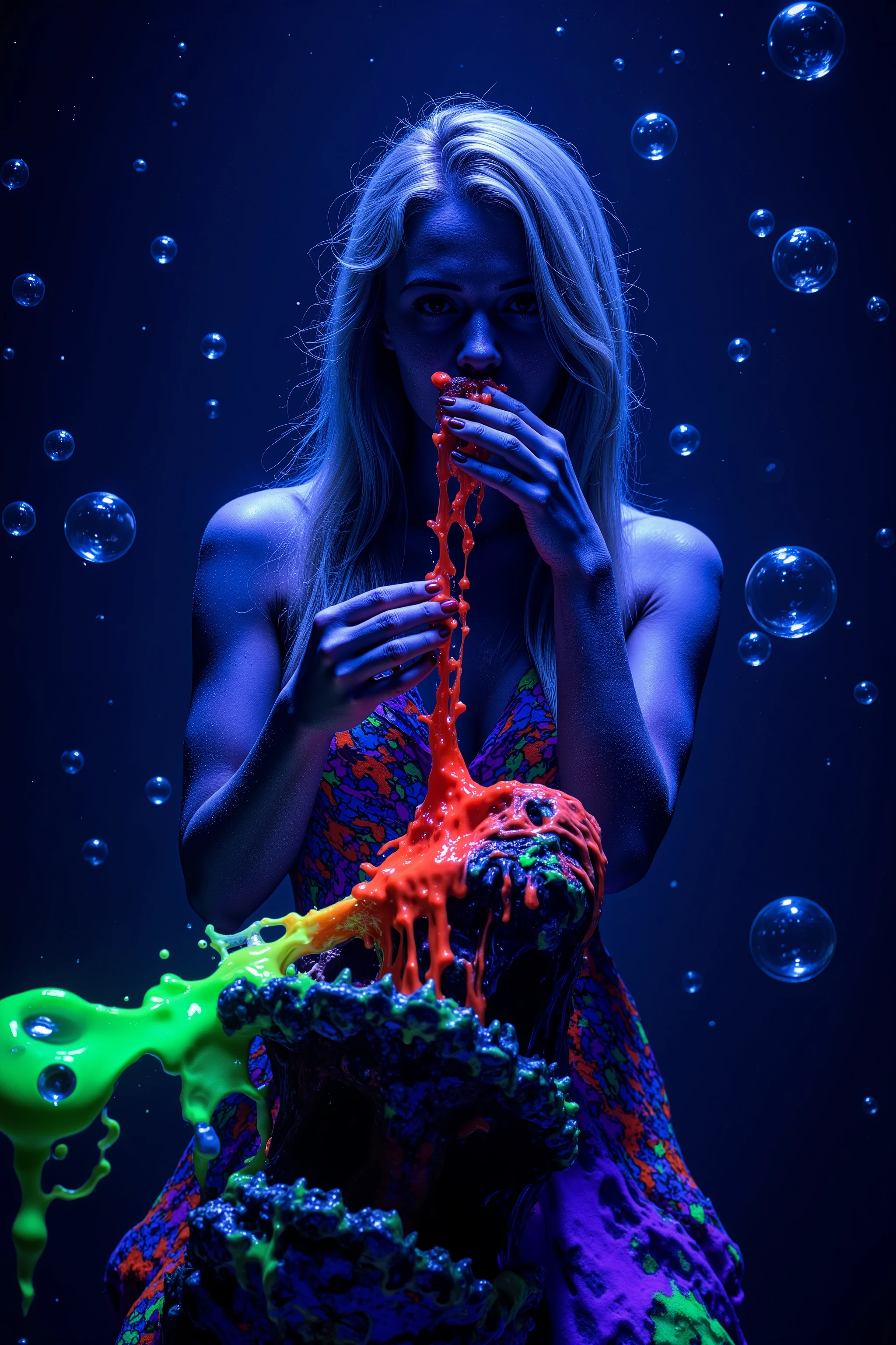 Fluorescent bright glow and shine reflect off of all objects in this image. Blonde young woman, very attractive, her dress is glowing with ultraviolet light. With black light paint drenched corral beds everywhere. She stares directly at the viewer as she moves underwater with air bubbles coming out of her nose as she rides a monsterous sea creature with hate in their eyes and large sharp teeth exposed. Glowing reflective bubbles with color push out of the gorgeous looking woman, psychedelic underwater brightness, trails of color and light, bright fluorescent colors, psychedelic vibrant colors, bright psychedelic neon colors, colorful paint drips out of the bubbles, 3D glass spheres melting into each other spilling out colors, visually disorienting, hallucination inducing, optical illusions, startling, stunning images, awe-inspiringly, best quality, ultra realistic, portrait photography, surrealism, photorealistic, hyper detailed, sparkle, optical illusion, glowing light, reflection light, overexposure, god rays backlighting, depth of field, rotational symmetry, UHD, high details, high quality, super detailed, best quality, award winning, Masterpiece. Super bright neon Colors.** incorporate bright neon green, neon blue, neon purple, neon yellow, &blood red**Extreme glow and shine.