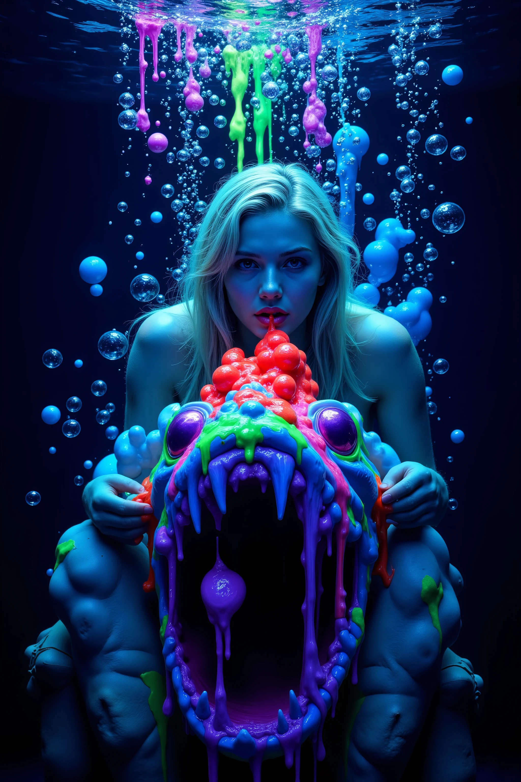 Fluorescent bright glow and shine reflect off of all objects in this image. Blonde young woman, very attractive, her dress is glowing with ultraviolet light. With black light paint drenched corral beds everywhere. She stares directly at the viewer as she moves underwater with air bubbles coming out of her nose as she rides a monsterous sea creature with hate in their eyes and large sharp teeth exposed. Glowing reflective bubbles with color push out of the gorgeous looking woman, psychedelic underwater brightness, trails of color and light, bright fluorescent colors, psychedelic vibrant colors, bright psychedelic neon colors, colorful paint drips out of the bubbles, 3D glass spheres melting into each other spilling out colors, visually disorienting, hallucination inducing, optical illusions, startling, stunning images, awe-inspiringly, best quality, ultra realistic, portrait photography, surrealism, photorealistic, hyper detailed, sparkle, optical illusion, glowing light, reflection light, overexposure, god rays backlighting, depth of field, rotational symmetry, UHD, high details, high quality, super detailed, best quality, award winning, Masterpiece. Super bright neon Colors.** incorporate bright neon green, neon blue, neon purple, neon yellow, &blood red**Extreme glow and shine.