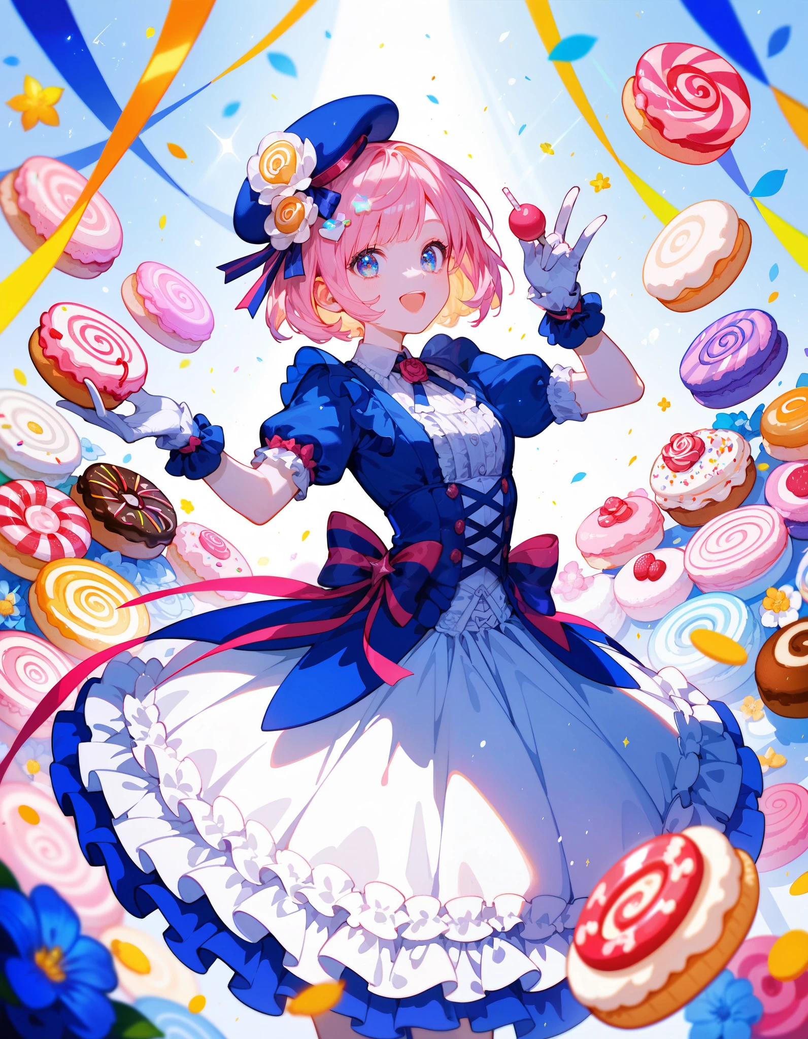 Pink and light blue dreamy hair　Wave Shorthair　Big purple eyes　cute girl　birthday　cake