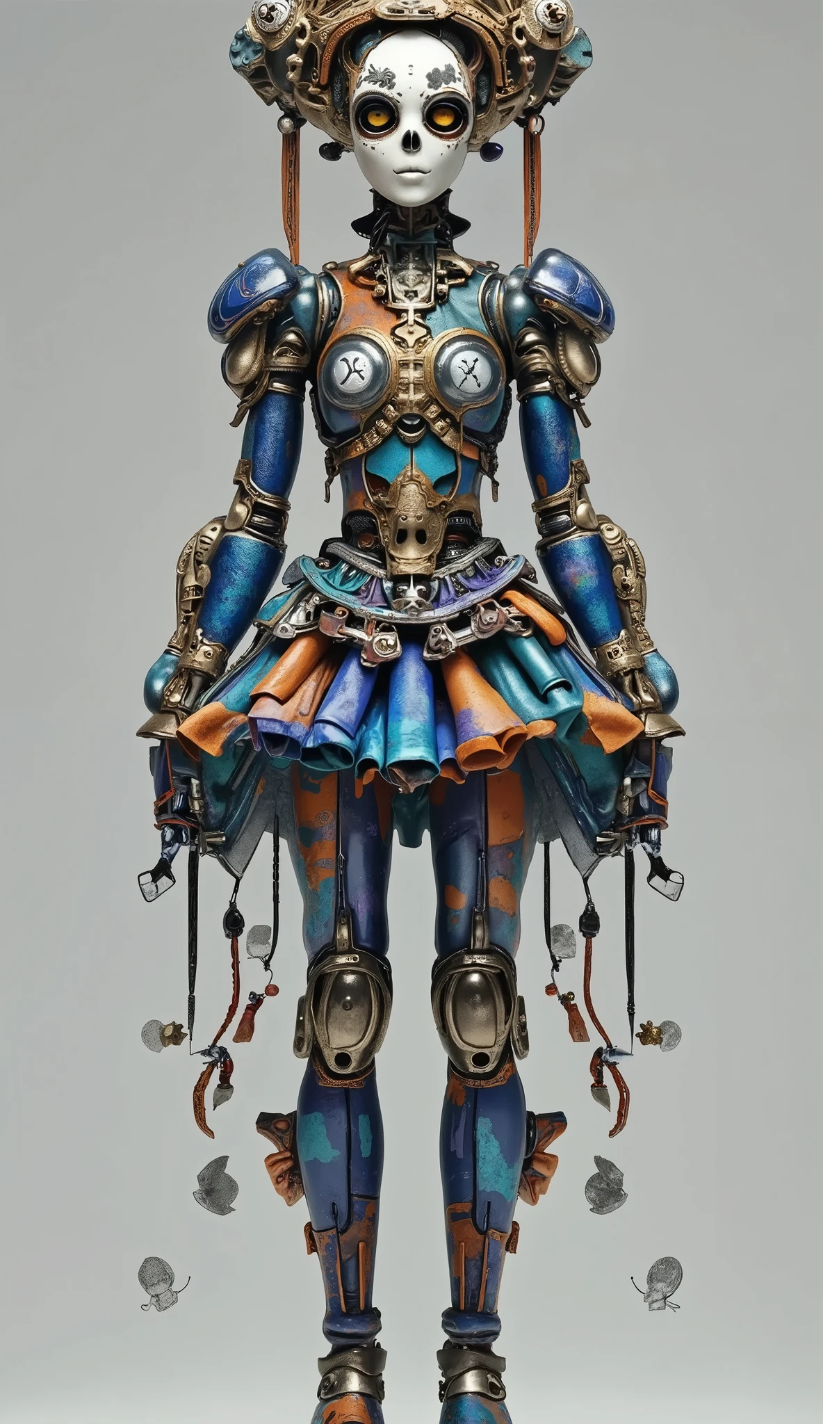 An old coin that pulls flexibly between fingers, a mecha skeleton,dynamic,Happy Dance,Blue tone fashion show,Catwalk,,stunt,beautiful and realistic high-definition digital painting,Science Fiction,background:Taitai Garden,,Focus on close-up,natural light,reflection,Smooth movement ,Extreme Details,4K High Resolution,Scaled processing,Professional-grade rendering, are brightly colored, high contrast ,l