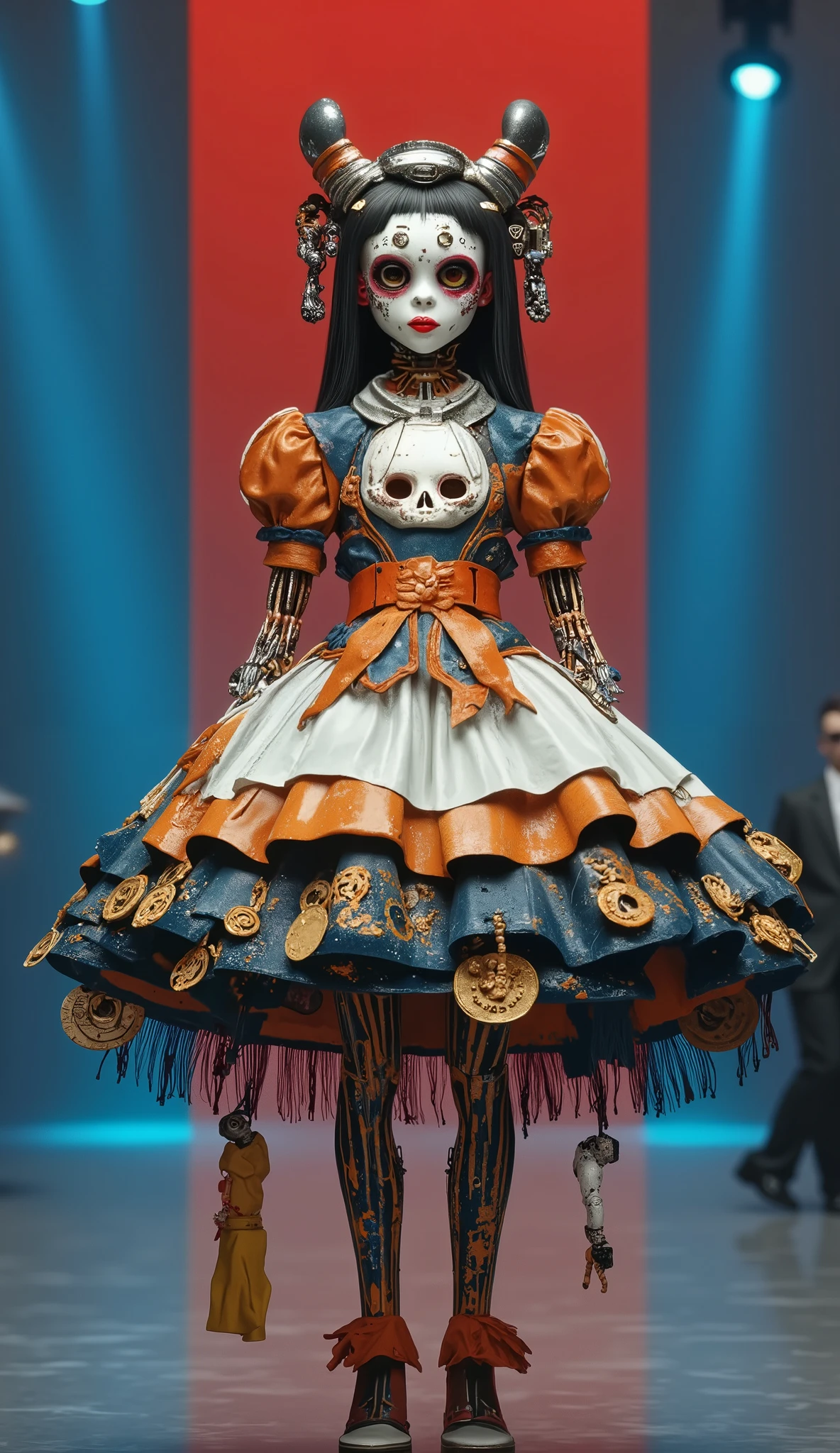 An old coin that pulls flexibly between fingers, a mecha skeleton,dynamic,Happy Dance,Blue tone fashion show,Catwalk,,stunt,beautifully realistic high-definition digital painting,Science Fiction,red focus background close-up,natural light,reflection,Smooth movement ,Extreme Details,4K High Resolution,Scaled processing,professional-grade rendering, are brightly colored, high contrast ,l