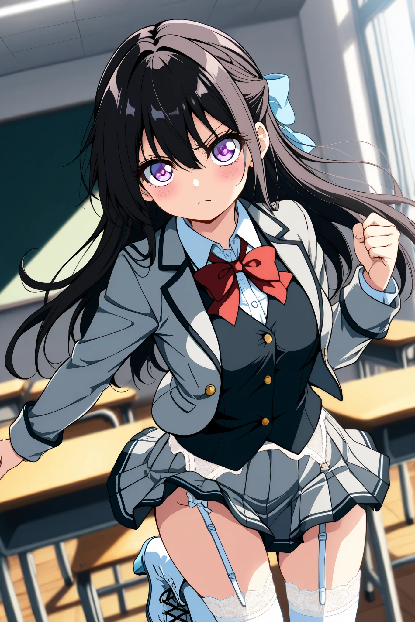 best quality, masterpiece, tsukino mito, long hair, black hair, blazer, black jacket, hairclip, hair ornament, white thighhighs, bangs, pleated skirt, pink bow, long sleeves, collared shirt, white shirt, blue eyes, plaid skirt, black skirt, (skirt tug:1.3), in classroom at evening