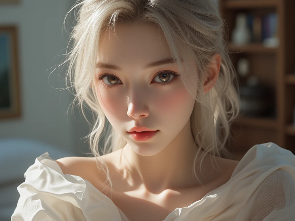 (Photorealistic: 1.2, With the highest quality, in 8K,Wetty:1.3 ), ( 20yr old, K-pop idol、 Cherry blossom pattern kimono, Sweat: 1.2, Wet:1.3、cleavage of the breast、Colossal tits:1.2、White hair), Fine skin, (Film Lighting), Soft light, Double eyelids, ((excited、A sexy、Bust-up shot、pheromone))